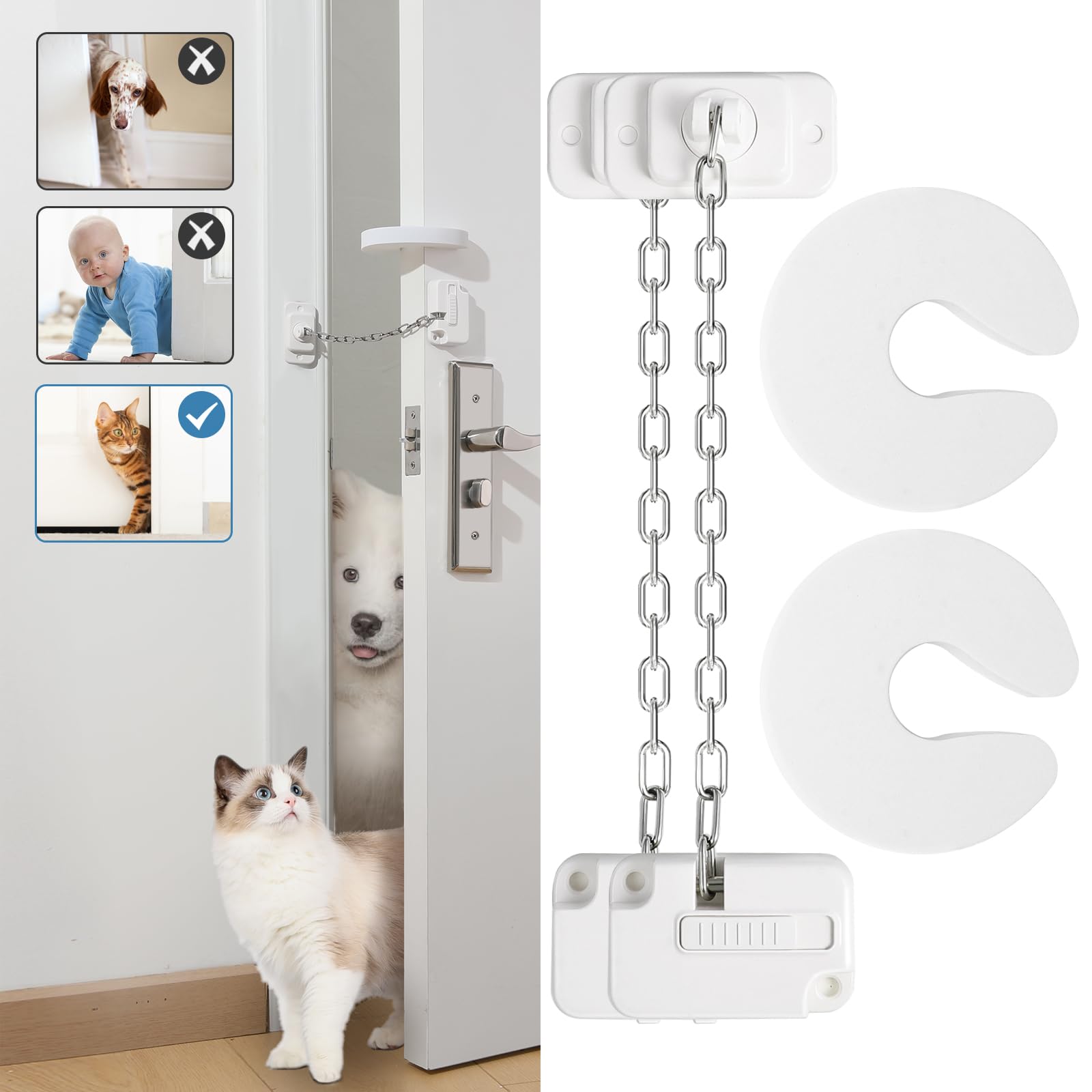 Adjustable Cat Door Latch & Stopper - Soft Foam Door Pinch Guard for Pets - 2 Pack + 2 Pack - Keep Dogs & Kids Away from Litter Box & Cat Food - Perfect for Homes with Cats & Small Pets - No Need for Cat Door or Gate