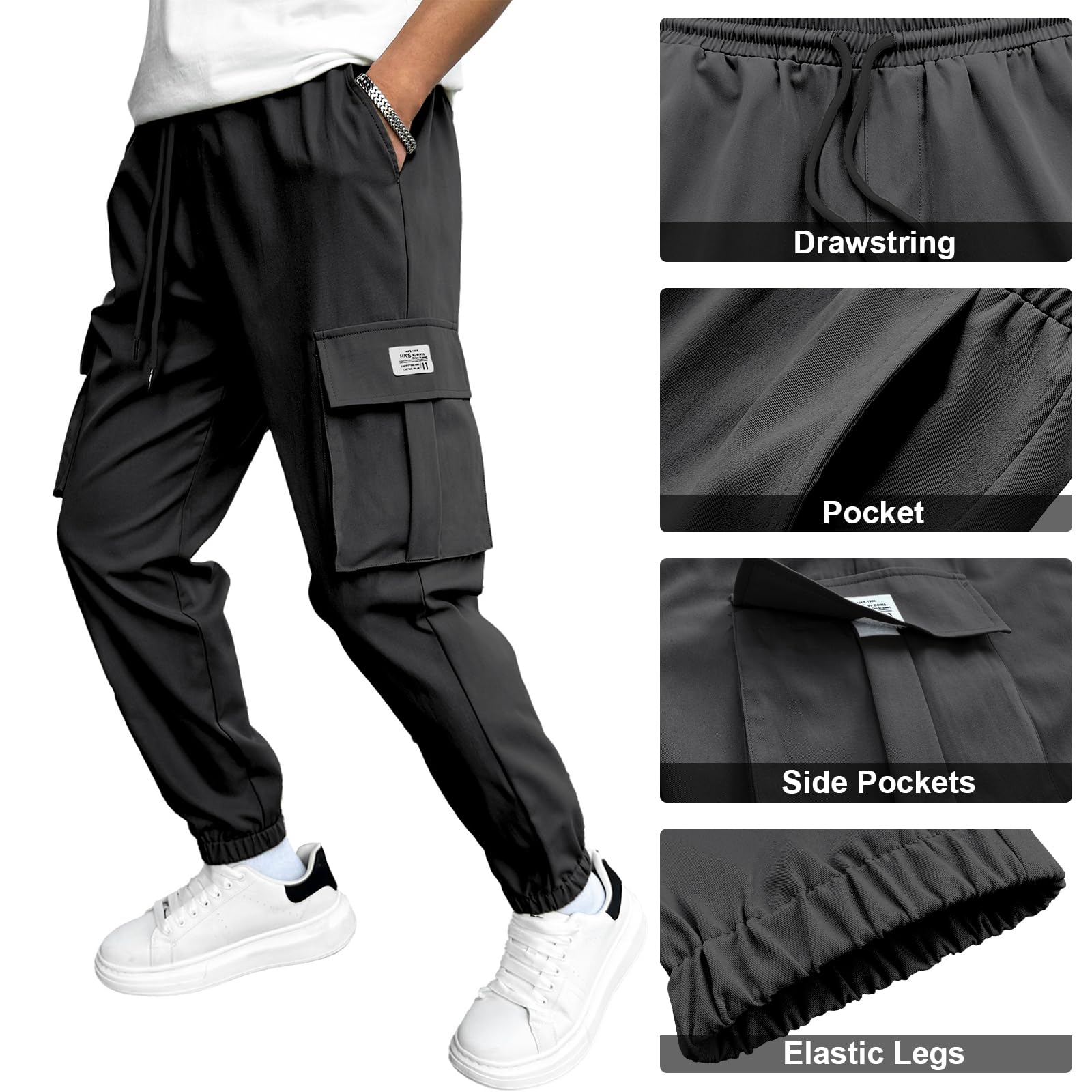 HAOTake Men's Casual Cargo Pants - Elastic Waist with Drawstring, Tapered Fit Jogger Pants for Hiking & Outdoor Activities - Multi-Pocket Utility Pants for Work, Travel & Everyday Wear