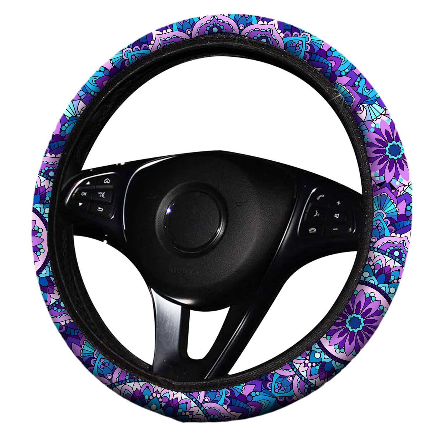 4-Piece Purple Lotus Mandala Steering Wheel Cover Set with 2 Non-Slip Cup Coasters & Keychain - Universal Fit 14-15.5 Inch - Stylish Car Accessories for Women, Boho Decor & Safe Driving