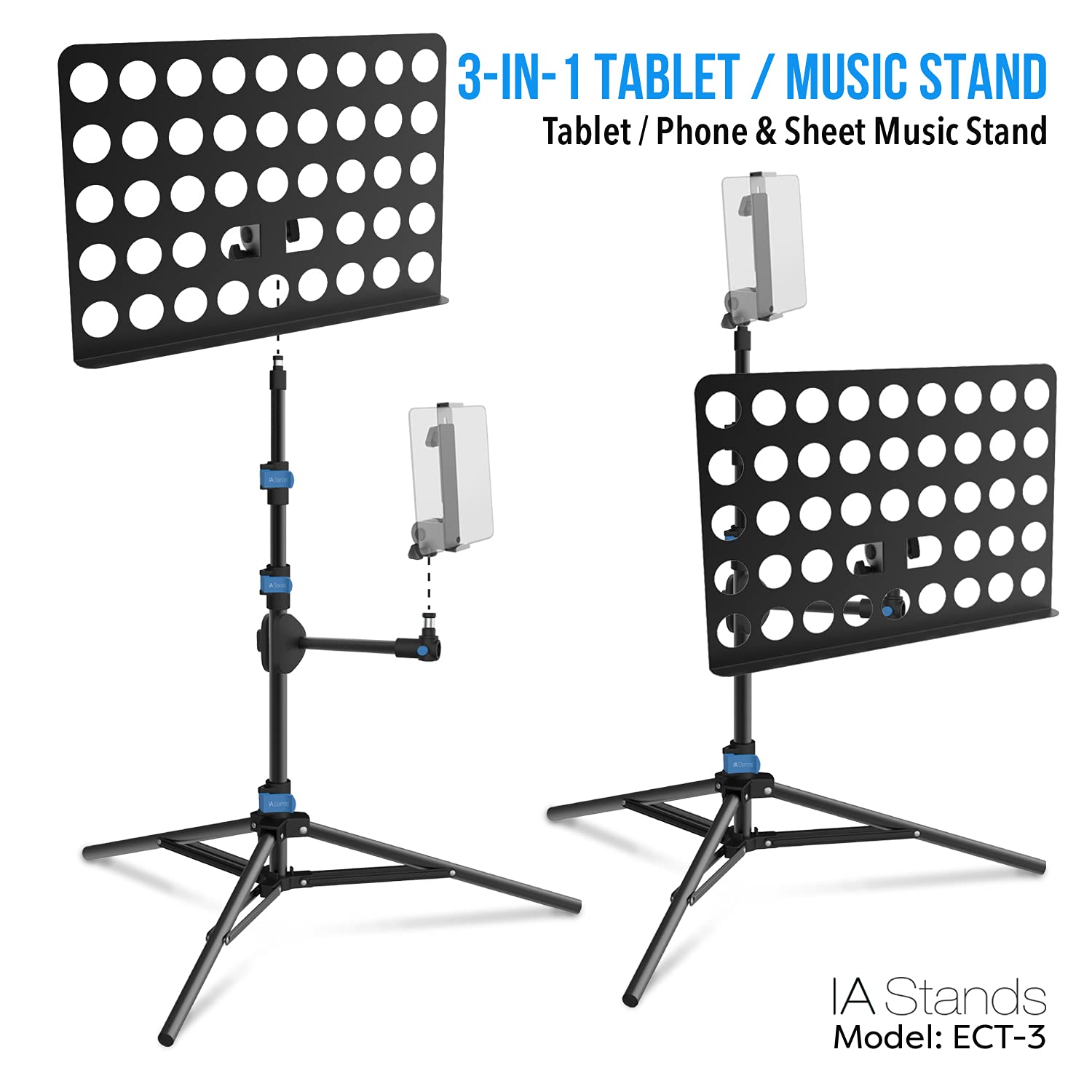 ECT3 Adjustable Music Sheet & Tablet Tripod Stand with Interchangeable Holder - Perfect for Musicians, Performers & Digital Sheet Music Readers