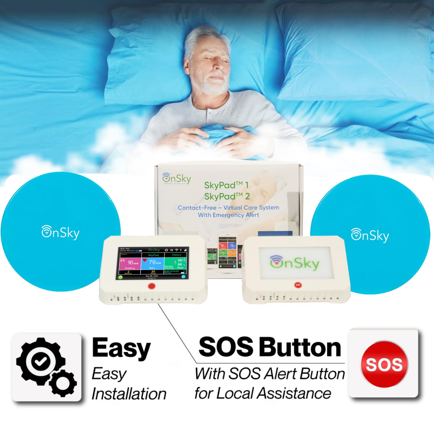OnSky SkyPad Contactless Heart Rate & Breathing Monitor for Seniors & Home Care - Track Vital Signs, Movement & Sleep - Wireless Health Monitoring with Touchscreen Display & Urgency Alerts - Ideal for Elderly Care, Remote Patient Monitoring & Home Wellness