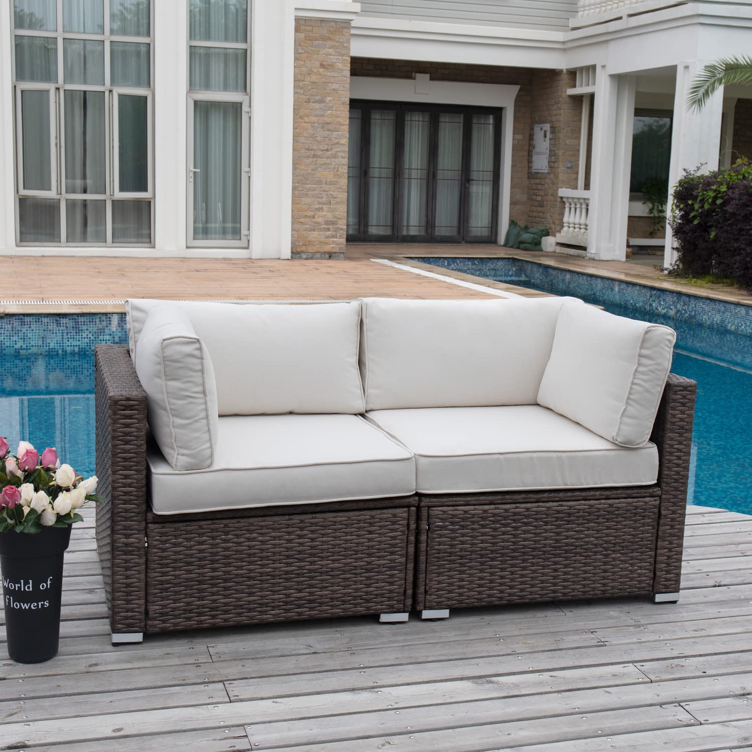 Coziest 2-Piece Outdoor Wicker Loveseat Sofa Set with Thick Off-White Cushions - Patio, Garden, Poolside & Backyard Furniture for Relaxing & Entertaining