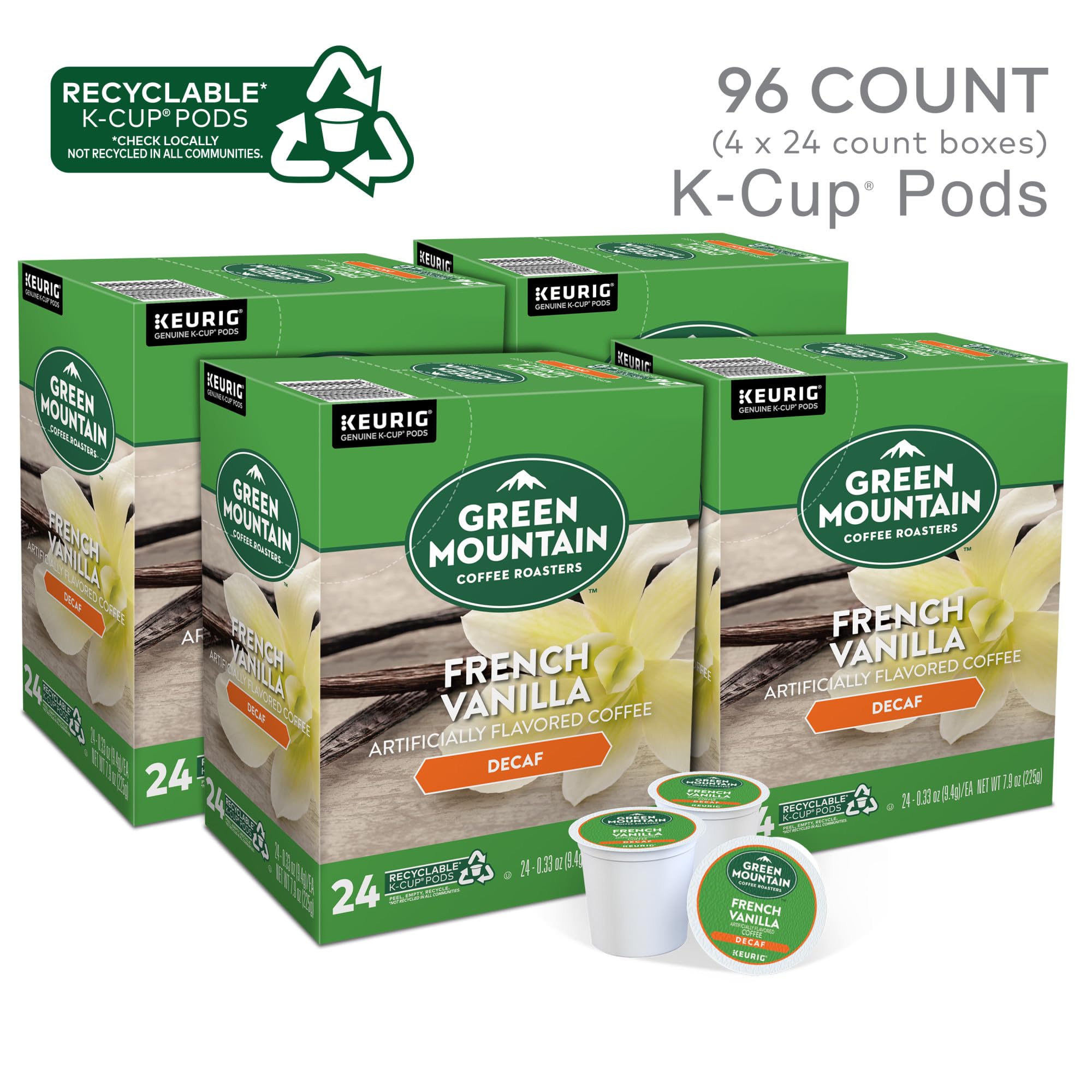 Green Mountain Coffee Roasters French Vanilla Decaf Keurig K-Cup Pods - Light Roast Coffee (96 Count) | Perfect for Office, Home & Gifts | Single-Serve Convenience