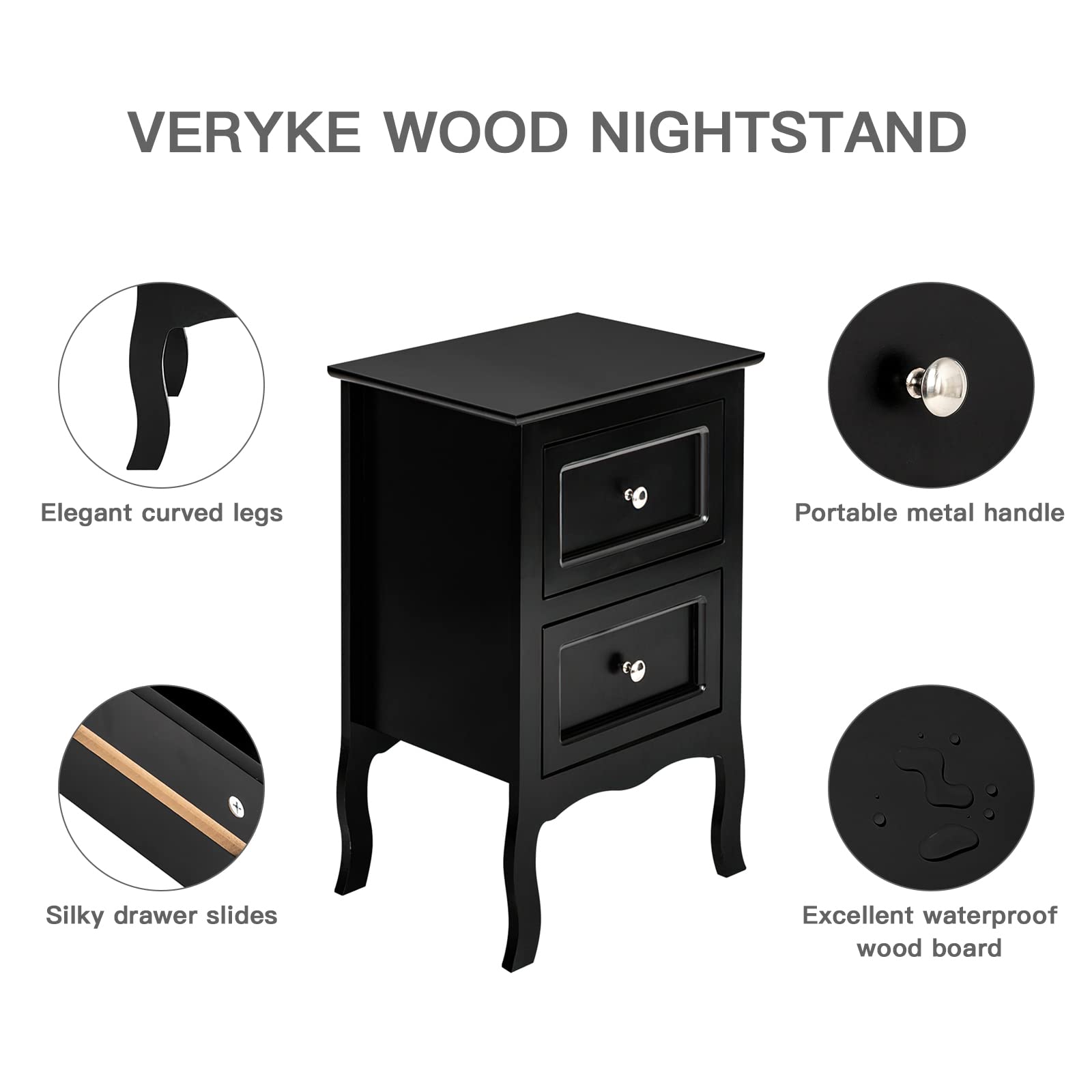 VERYKE Nightstand Set of 2 with 2 Drawers - Small Bedside Table with Metal Handles, Farmhouse Style Storage Cabinet for Bedroom, Living Room, Office - Perfect for Small Spaces & Home Organization (Black)