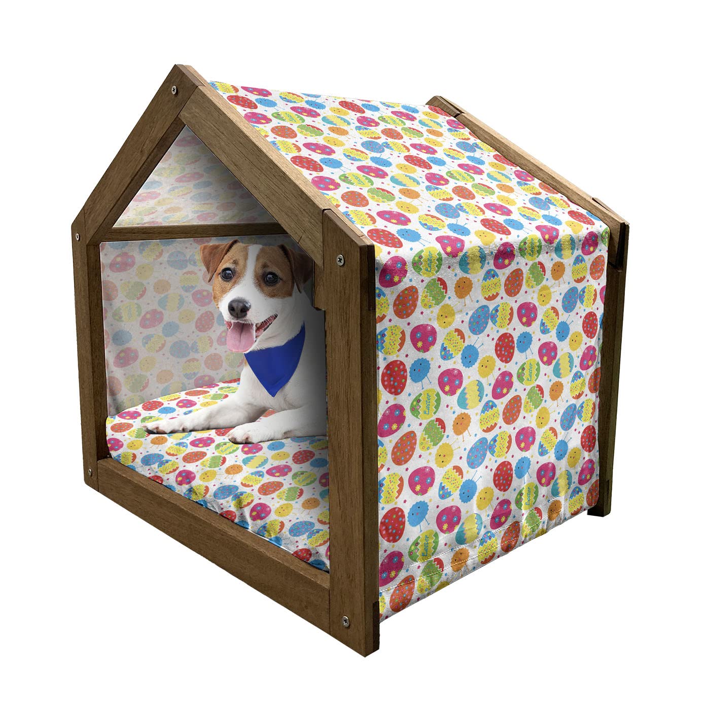 Ambesonne Easter Wooden Pet House - Cartoon Chicken & Colorful Eggs Design with Daisy Blossoms & Zigzag Pattern, Indoor/Outdoor Portable Dog Kennel with Pillow & Cover for Small Dogs - Perfect for Easter Decor, Springtime Pet Shelter & Backyard Playhouse