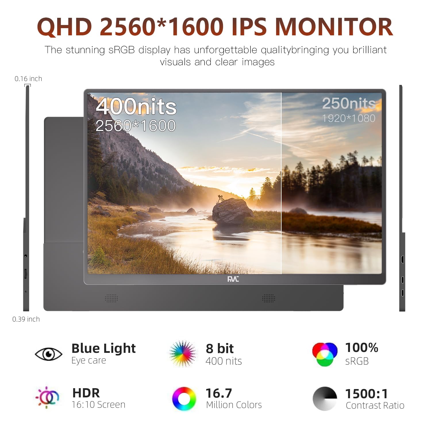 2.5K 144Hz Portable Gaming Monitor - 16 Inch QHD USB-C HDMI Flicker-Free Screen for Laptop, MacBook, Phone, Switch, Xbox & PS4/5 | Perfect for Travel, Work & Gaming