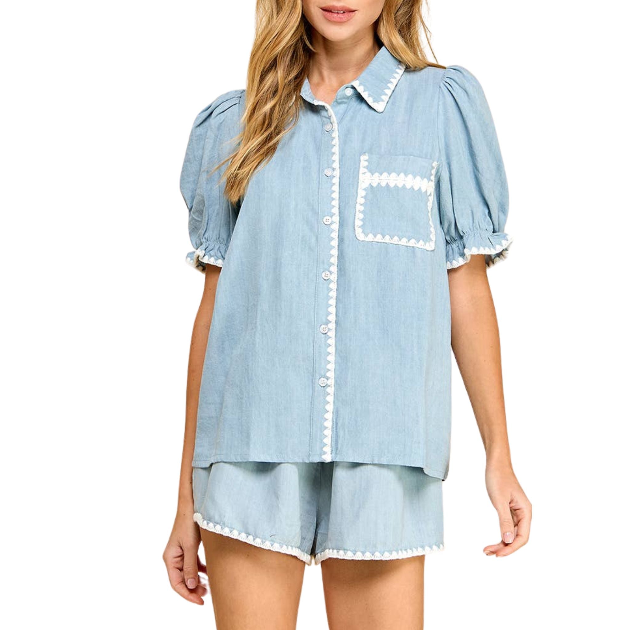 Stylish Denim White Stitched Trim Casual Shirt for Men & Women | Comfortable Cotton Button-Up Top for Everyday Wear, Date Night & Office Outfits