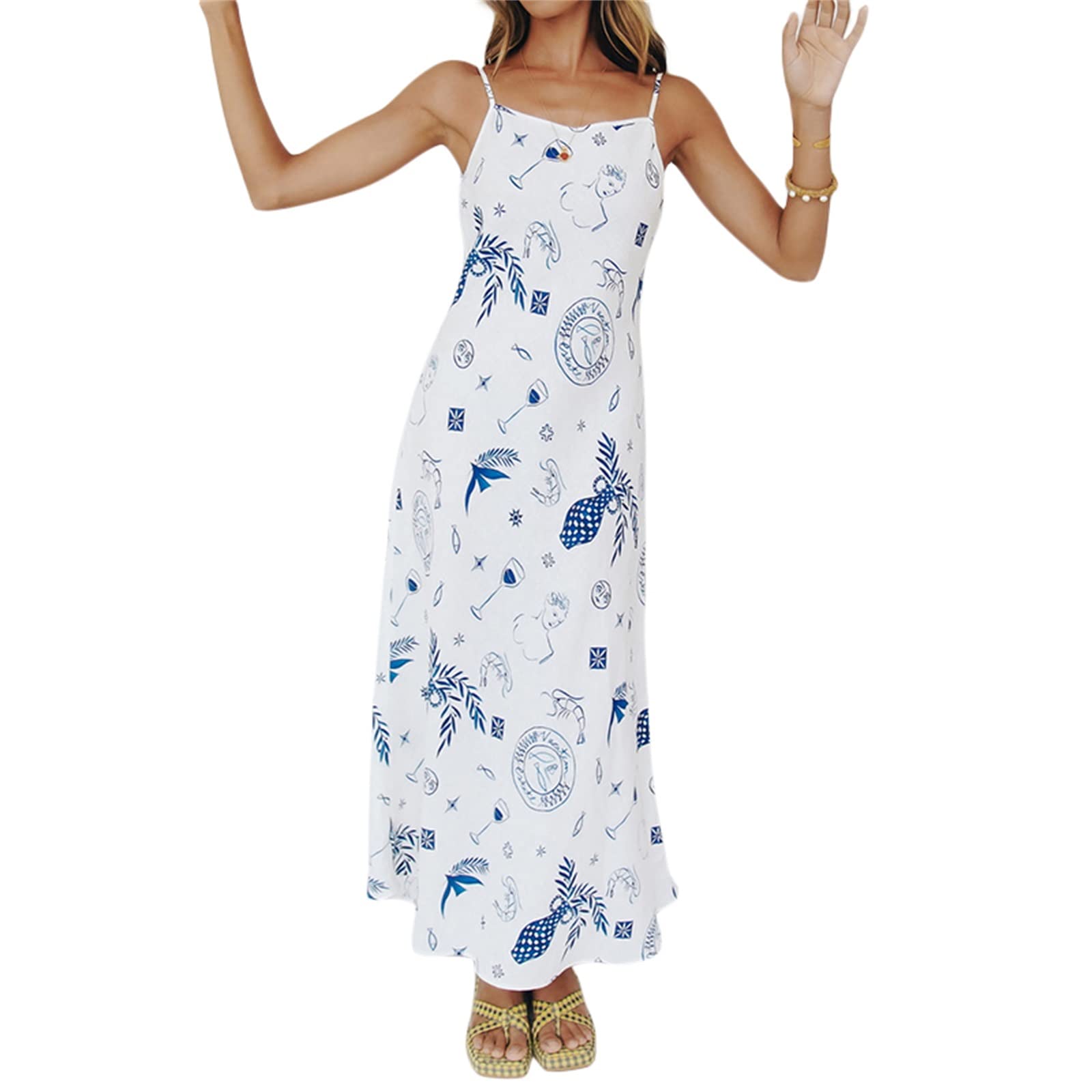 Y2K Floral Print Spaghetti Strap Bodycon Maxi Dress for Women - Backless Summer Evening Party Long Dress with Strappy Details | Perfect for Beach Vacations, Date Nights & Club Outings