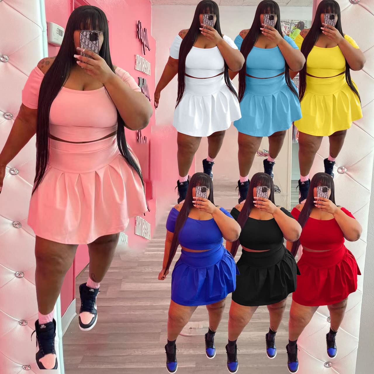 KELOVEPAN Women's 2-Piece Pleated Short Skirt Set - Sexy Summer Outfit with Sweatshirt & Skirt, Plus Size Tracksuit for Casual Wear, Date Night & Vacation Outfits