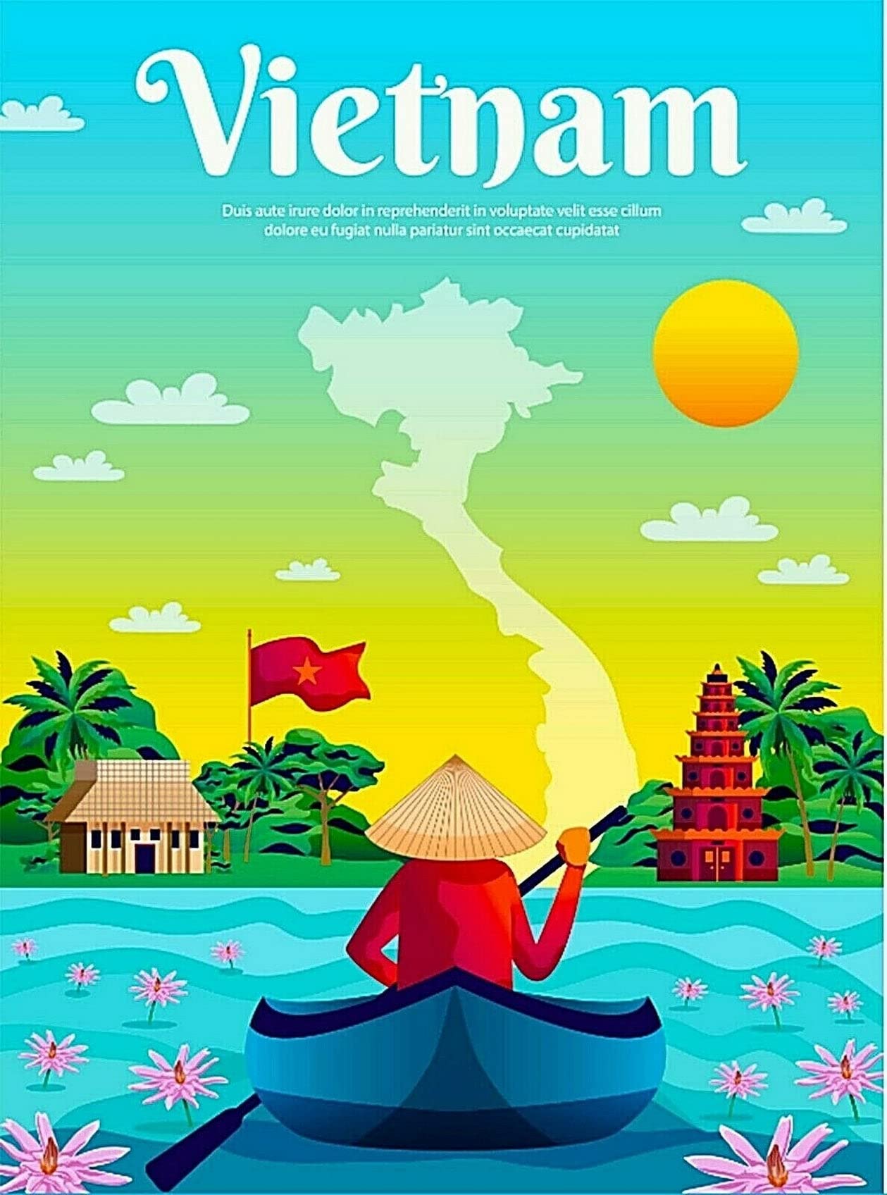 5D Diamond Painting Kit - Full Drill Diamond Embroidery Art (12x16 Inch) | Vietnam Travel Retro Advertisement Design | Asian Art Deco Wall Decor for Home & Office