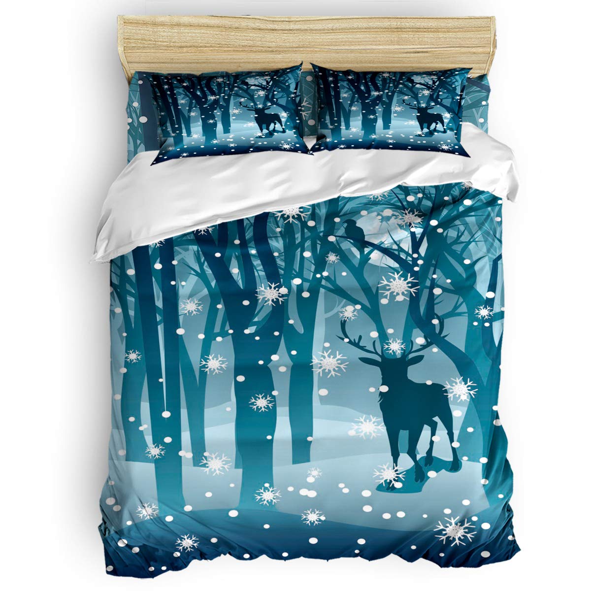 Yogaly 4-Piece Queen Size Bedding Set - Snow Forest Deer & Bird Printed Duvet Cover, Flat Sheet, Pillowcases for Adults, Teens, Kids - Soft Microfiber Bed Sheets for Cozy Home Decor & Gift Giving