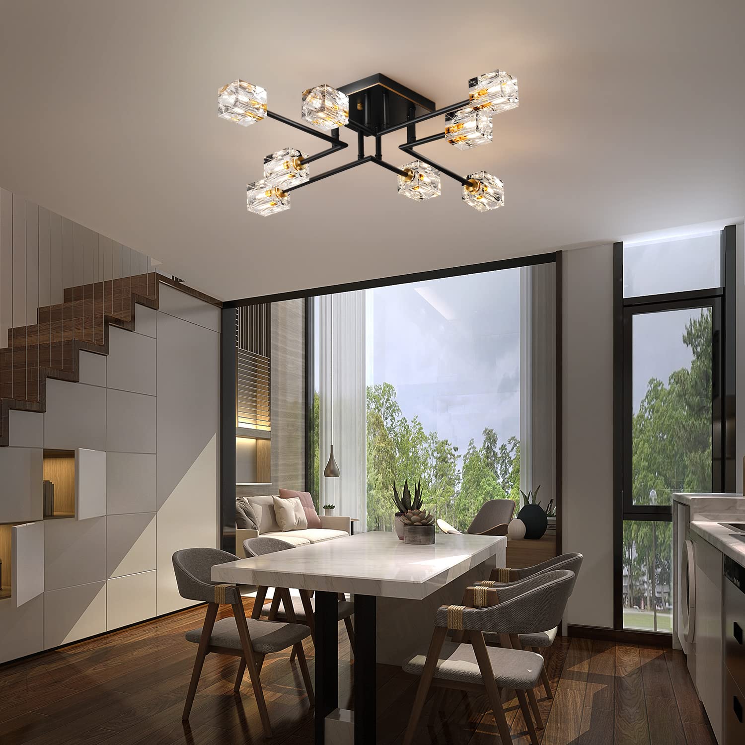 8-Lights Semi Flush Mount Ceiling Light Fixture - Black and Gold Modern Crystal Chandelier - Farmhouse Lighting for Dining Room, Living Room, Kitchen, Bedroom, Entryway - Perfect for Home Decor, Wedding Venues & Restaurants