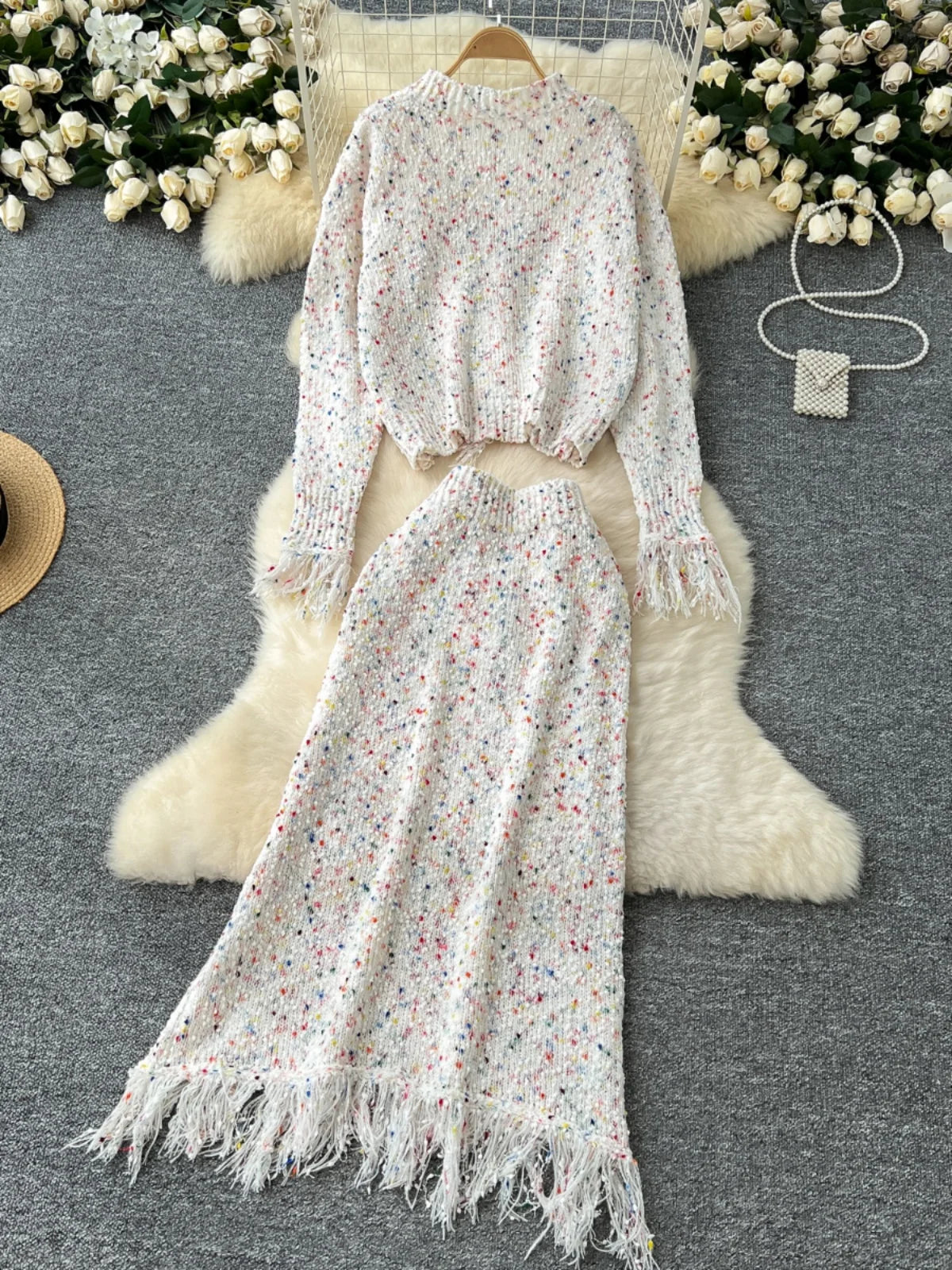 2024 New Women's Autumn Winter Sweet Colorful Elegant Long Sleeve Slim Knit Sweater & High Waist Tassel Skirt 2-Piece Set - Perfect for Office, Date Night and Holiday Parties