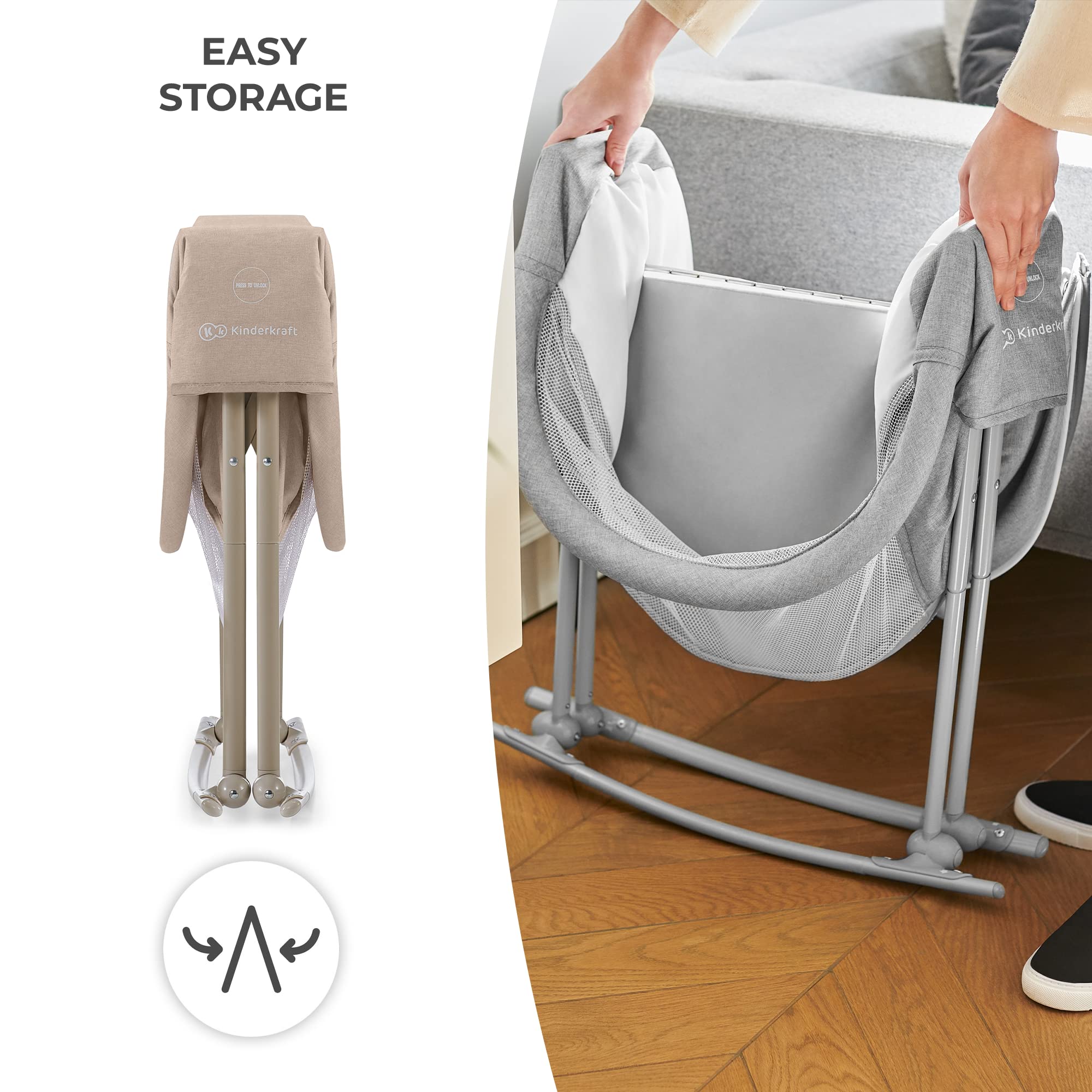Kinderkraft LOVI Portable Travel Bassinet for Babies - Foldable Baby Bed with Built-in Mosquito Net, Adjustable Hood & Cradle Function - Beige | Perfect for Travel, Camping & Home Use