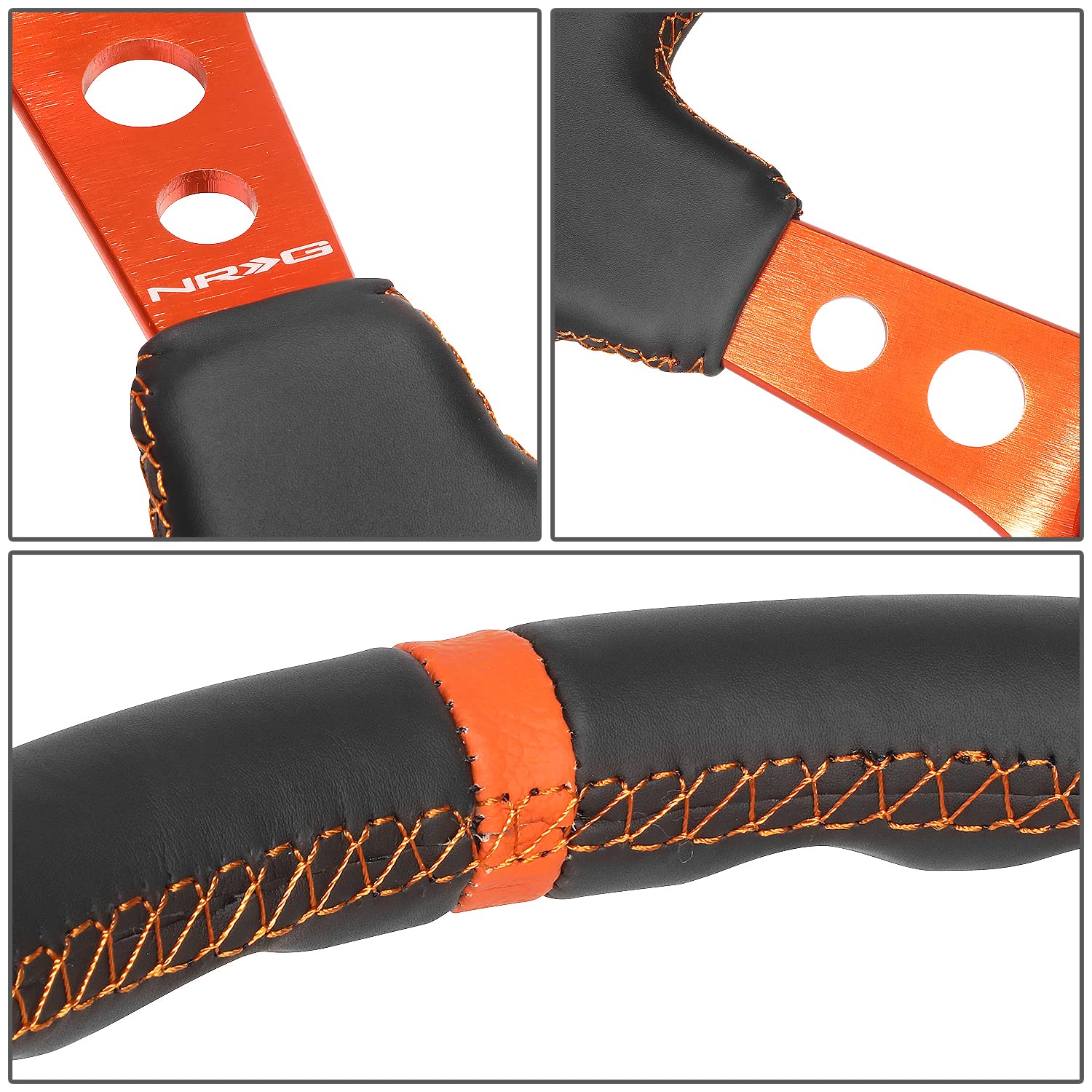NRG Innovations RST-006OR 3-Spoke Racing Steering Wheel with Cutout Holes - Black Leather & Orange Stitching - 6X70mm Bolt Pattern - Includes Horn Button - Perfect for Drifting, Track Racing & Car Enthusiasts