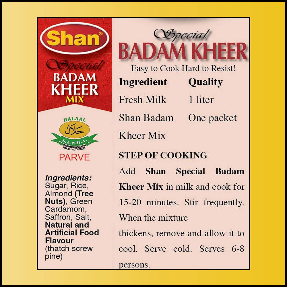 Premium Shan Special Badam Kheer Mix 4.29oz (150g) - Authentic Indian Almond Rice Pudding Powder - Vegetarian Dessert Mix for Milk-Based Sweets - Resealable Packaging (6-Pack) - Perfect for Festivals, Family Gatherings & Dessert Lovers