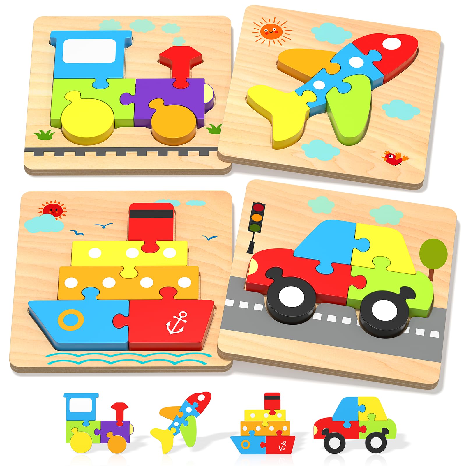 **Wooden Puzzles for Toddlers Ages 1-3 – 4 Vehicle-Shaped Learning Blocks, Montessori & Sensory Toys – Perfect Educational Gift for Boys & Girls (1-4 Years Old) – Great for Early Learning, Motor Skills & Playtime Fun**