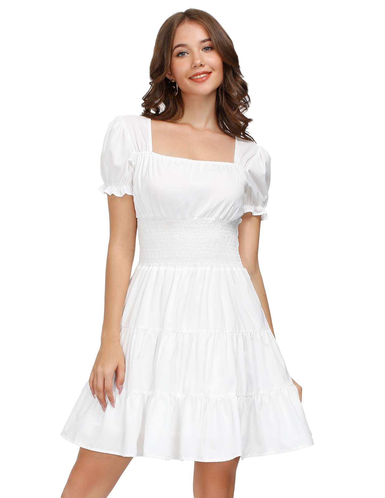 KANCY KOLE Women's Summer Floral Smocked Waist Dress - Square Neck Short Sleeve Ruffle Mini Dress for Casual Outings & Beach Vacations (Sizes S-XXL)