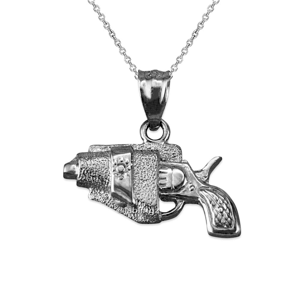 LA BLINGZ 10K White Gold Revolver Gun in Holster Charm Necklace - Unique Jewelry Gift for Women, Men | Perfect for Western Theme Parties, Cowboy Costume Accessories & Biker Fashion