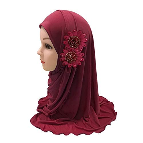 Girls Muslim Hijab Floral Lace Head Scarf - Kids Islamic Arab Shawl with Flowers - Perfect for School, Prayer & Special Occasions