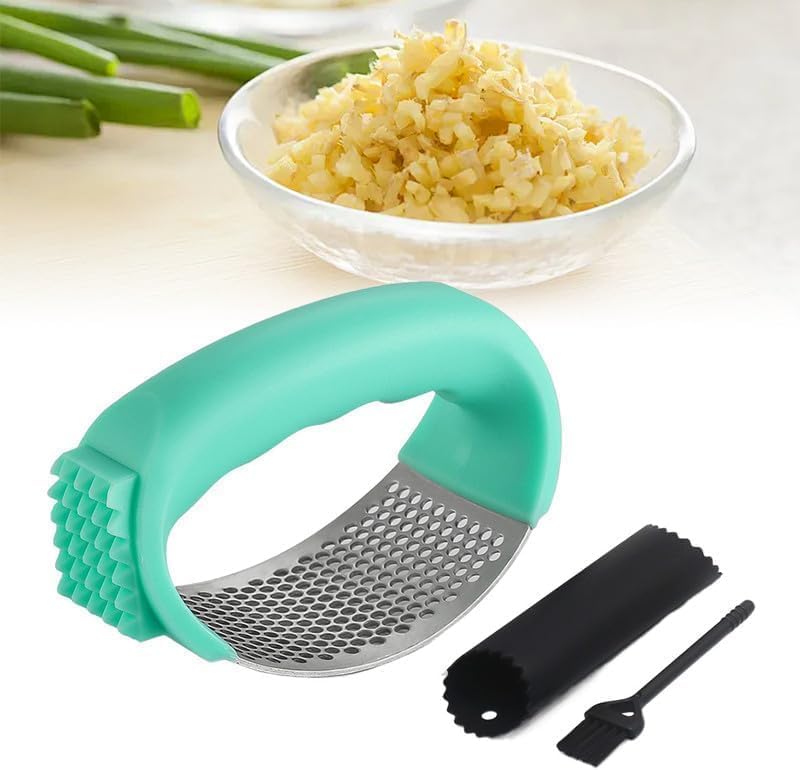 Stainless Steel Garlic Press Set with Peeler & Brush - Kitchen Tool for Smashing Garlic