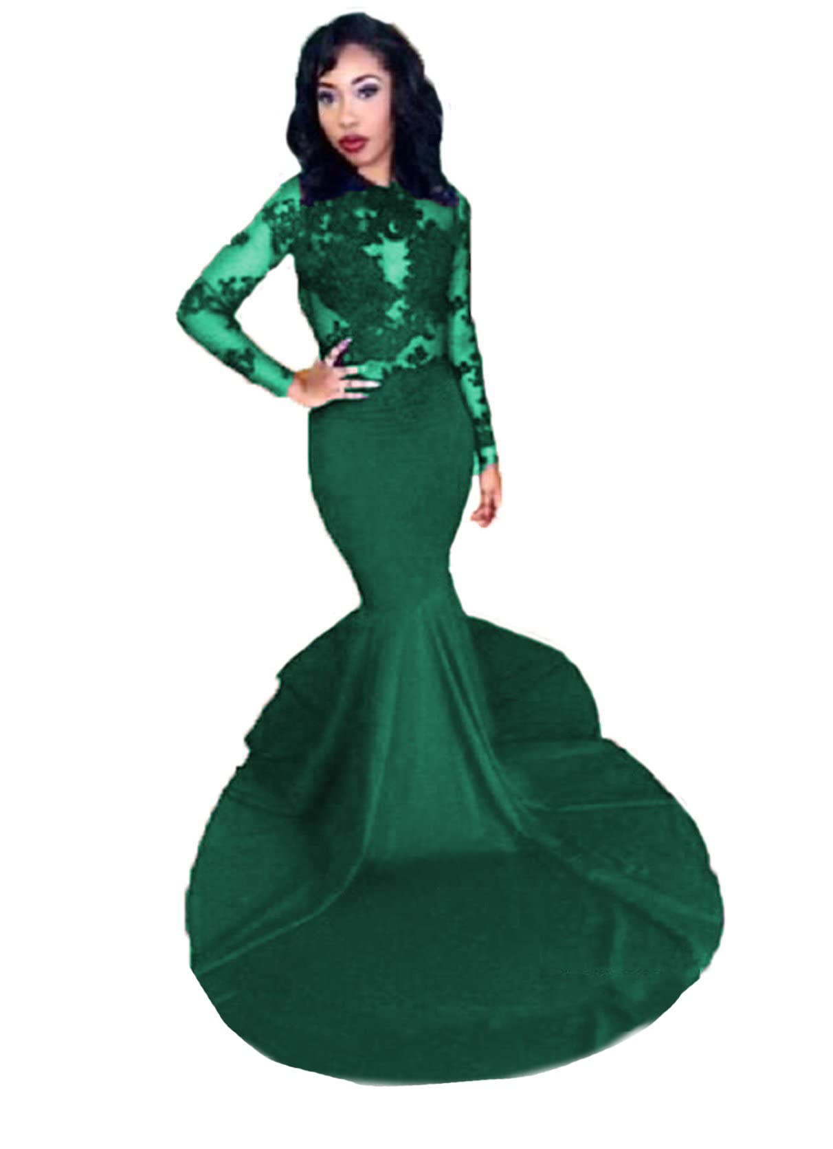 Graceprom Women's Elegant Satin Lace Long Sleeve Mermaid Maxi Prom Dress for Formal Party, Evening Gown, Homecoming, Wedding Guest - Perfect for Special Occasions & Red Carpet Events