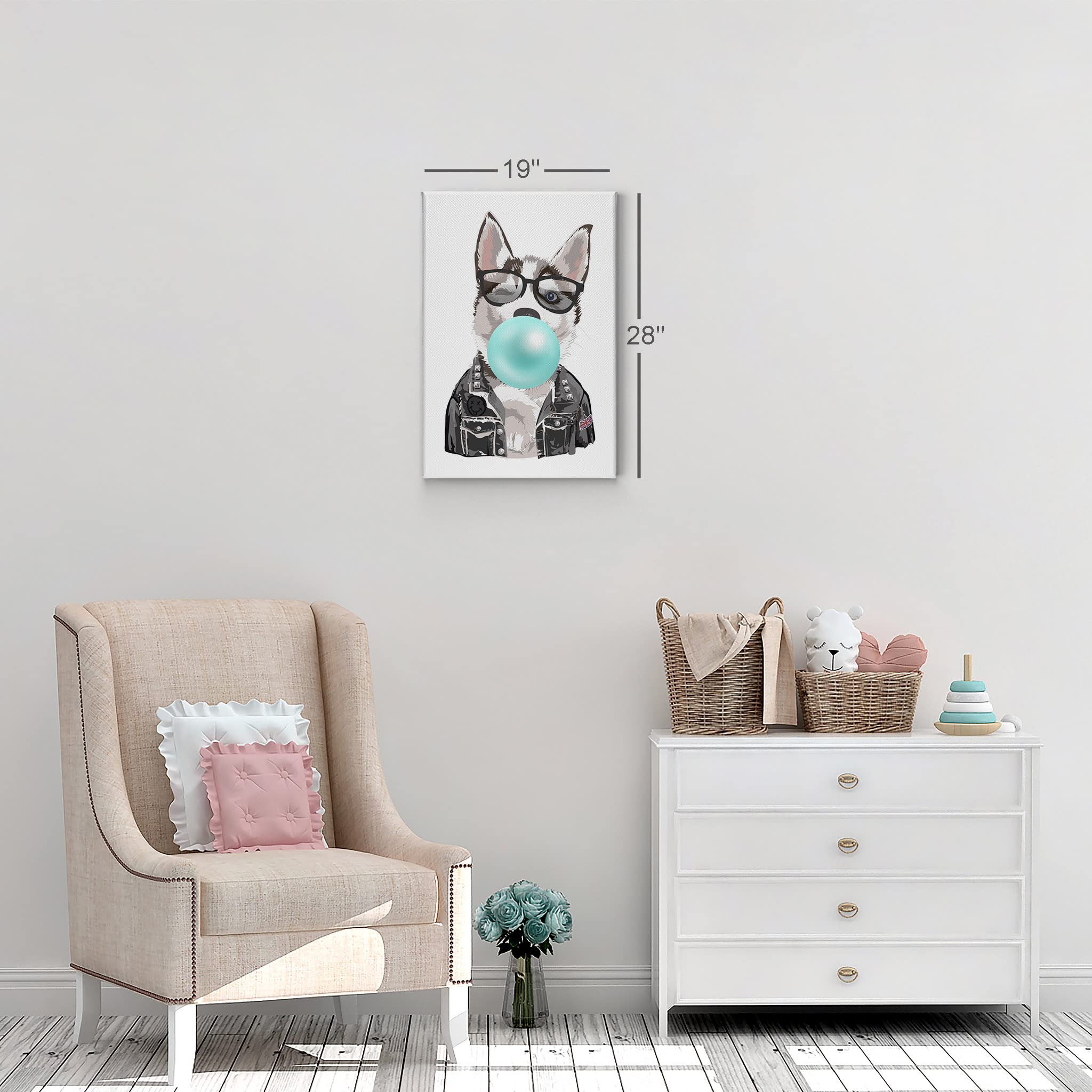 Smile Art Design Husky Dog Portrait in Jacket & Glasses Chewing Blue Bubble Gum - Canvas Wall Art Print for Pet Lovers, Animal Decor - Perfect for Living Room, Bedroom, Nursery & Kids Room - 12x8 Inches