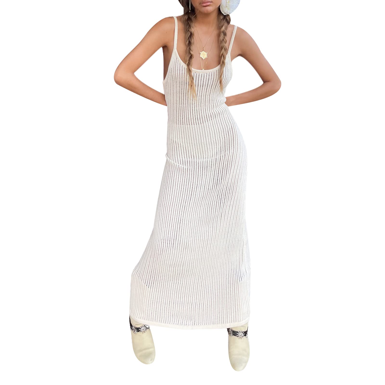 Sexy Knit Bodycon Dress for Women - Sleeveless Spaghetti Strap Cut Out Maxi Dress | Backless Y2K Summer Beach Dress | Perfect for Beach Vacations, Night Out & Party Wear