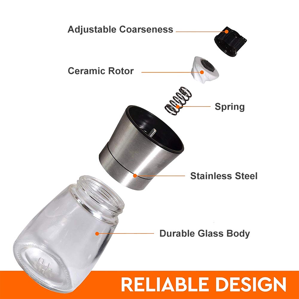 Premium Stainless Steel Salt and Pepper Grinder Set - Adjustable Coarseness, Refillable Glass Manual Mill with Durable Lid - Perfect for Home Kitchen, Dining Table, BBQ & Camping Use