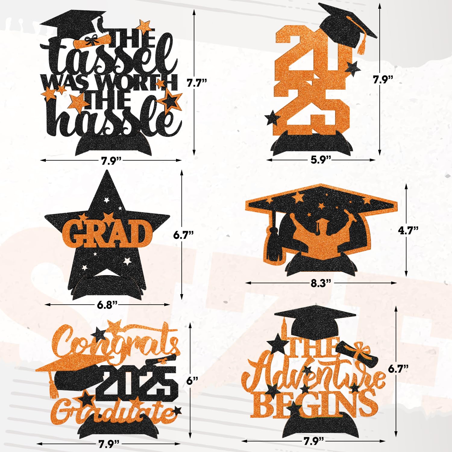 2025 Orange Graduation Glitter Centerpieces - Set of 6 | Graduation Table Decorations & Photo Booth Props | Perfect for Graduation Parties, School Celebrations & Commencement Ceremonies