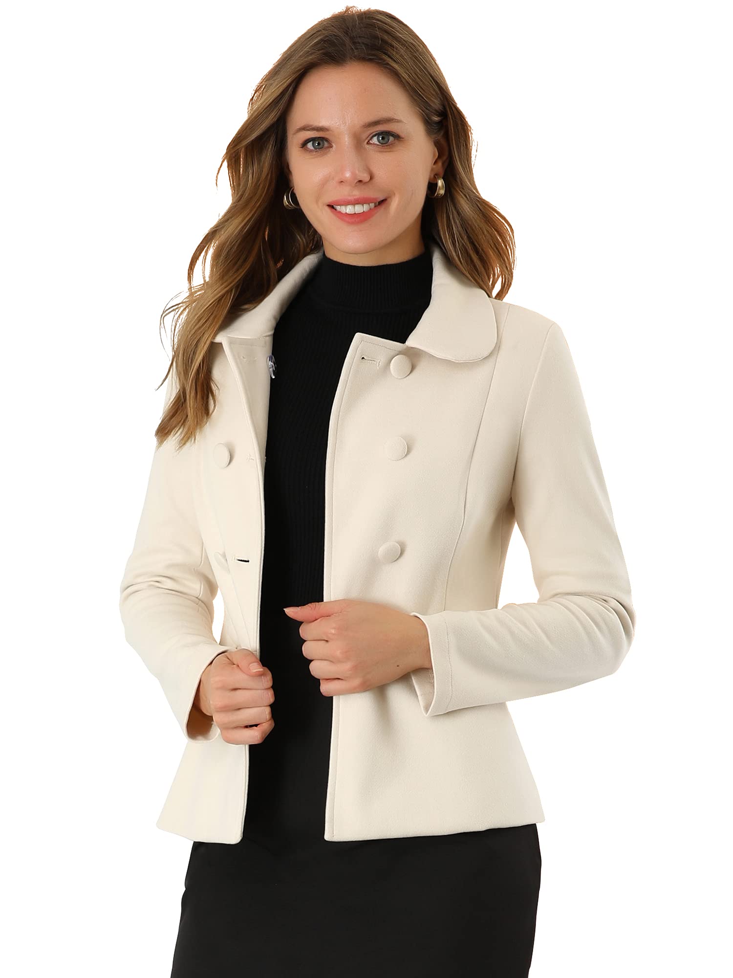 Allegra K Women's Peter Pan Collar Double Breasted Peacoat Short Coat - Stylish Winter Jacket for Office, Dating & Casual Outfits