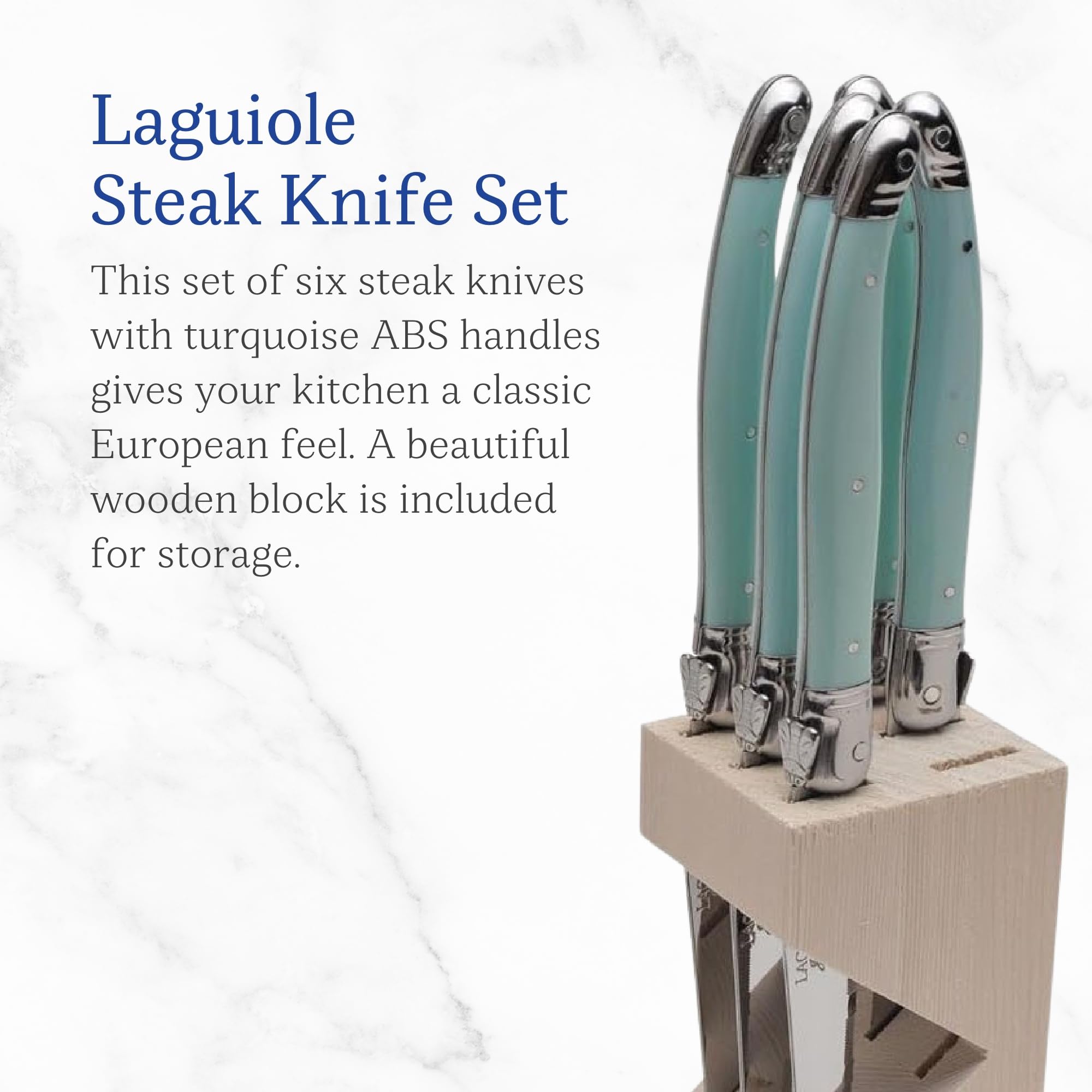 Premium Jean Dubost Laguiole 6-Piece Steak Knife Set with Turquoise Handles - 1.2mm High-Carbon Stainless Steel Blades - Rust-Resistant & Durable - Includes Elegant Wooden Block - Made in France - Perfect for Fine Dining, Steakhouse Experience & Gift Giving