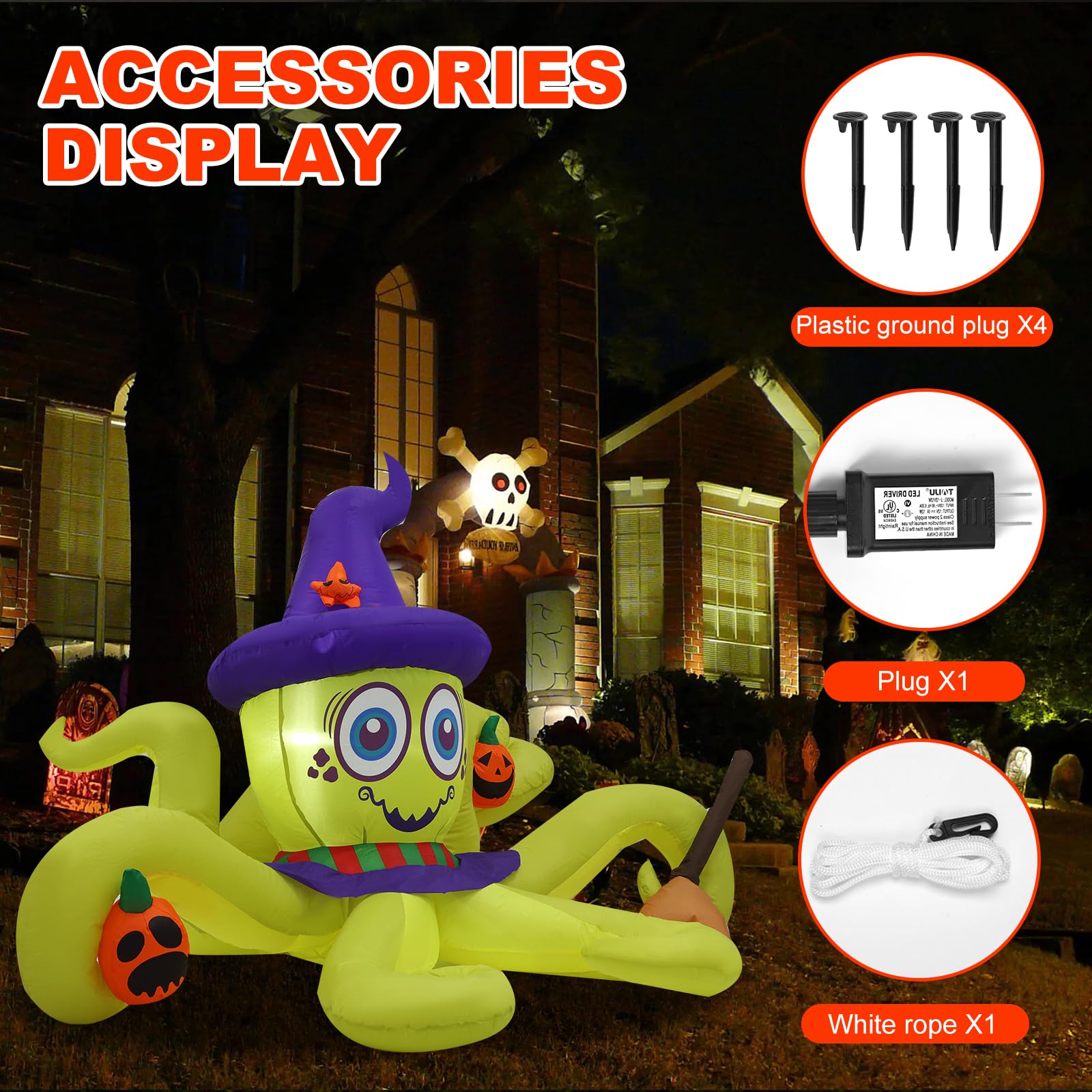 6ft Green Witch Octopus Halloween Inflatable Outdoor Decoration with LED Lights - Spooky Yard, Lawn & Garden Decor for Halloween Party, Haunted House, Trick or Treat, Family Vacation & Holiday Celebrations