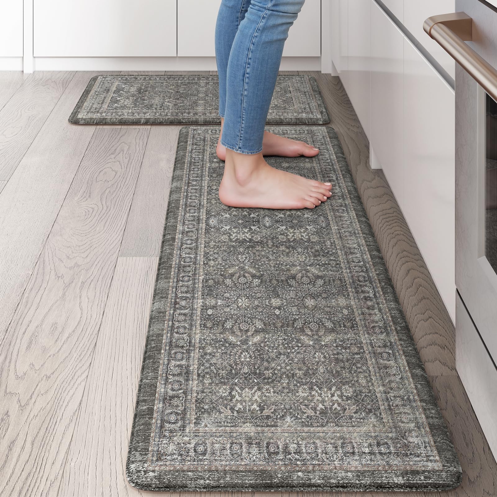 2-Piece Anti-Fatigue Kitchen Floor Mats - Cushioned, Waterproof Memory Foam Rugs for Sink, Laundry & Bathroom - Boho Grey Home Decor - Perfect for Cooking, Dishwashing & Standing Comfort
