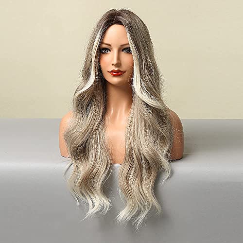 26 Inch Extra Long Wavy Ombre Blonde Wig with Dark Roots & Middle Part - Perfect for Cosplay, Halloween Costumes & Daily Fashion Styling