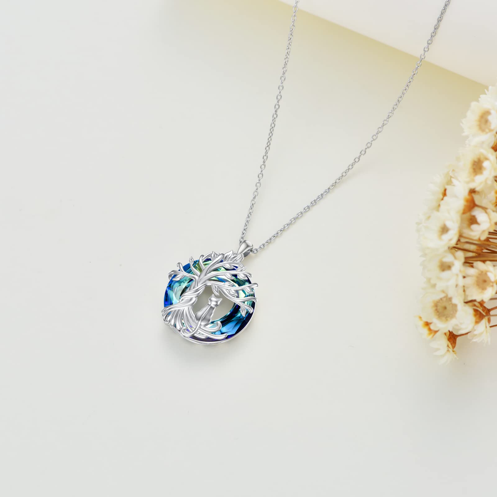 Sterling Silver Cat Tree of Life Pendant Necklace with Blue Crystal - Cute Cat Jewelry Gift for Women, Cat Lovers - Perfect for Birthday, Christmas & Everyday Wear