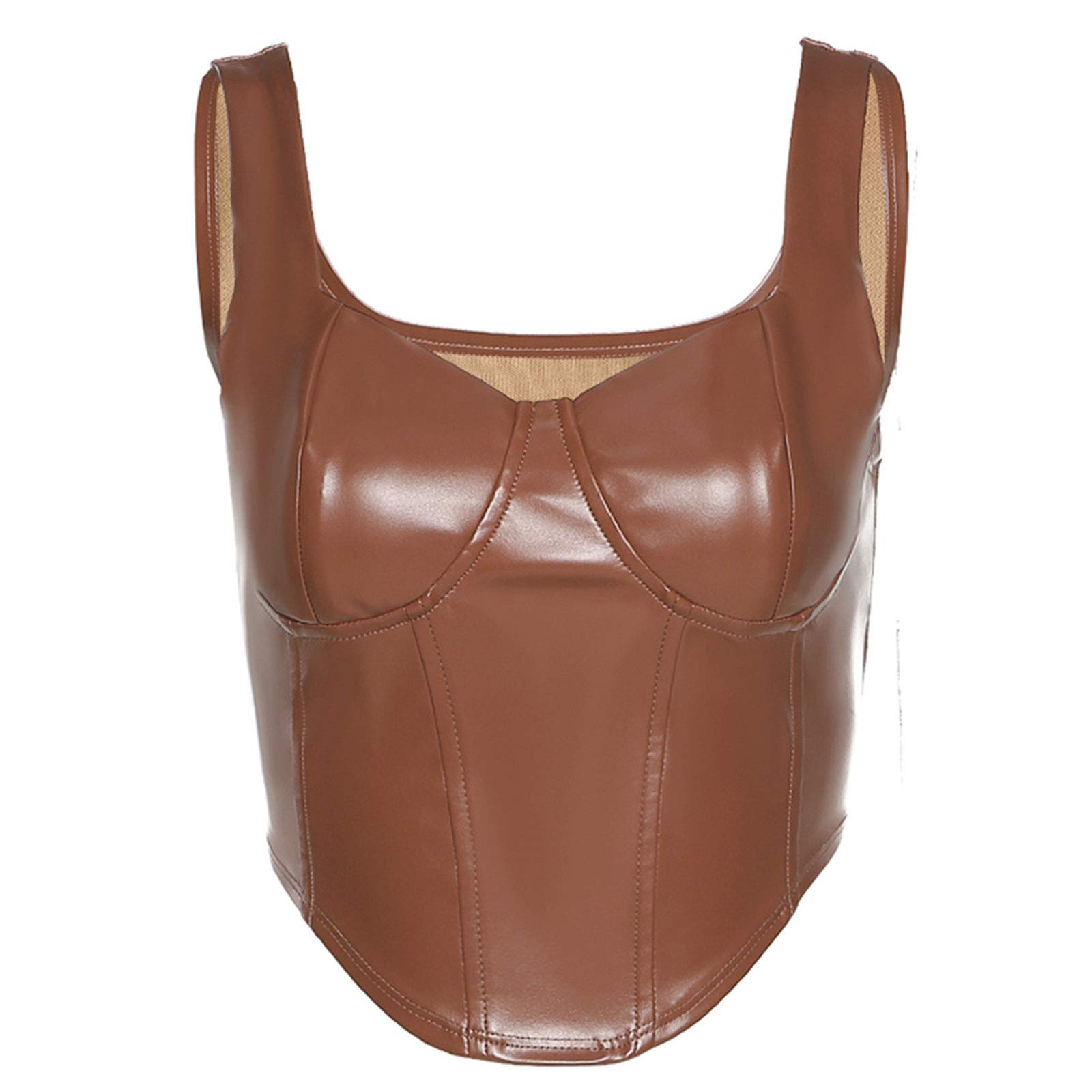 Sexy Women's PU Leather Corset Crop Top - Y2K Spaghetti Strap Bustier Push Up Cami Vest for Streetwear & Night Out