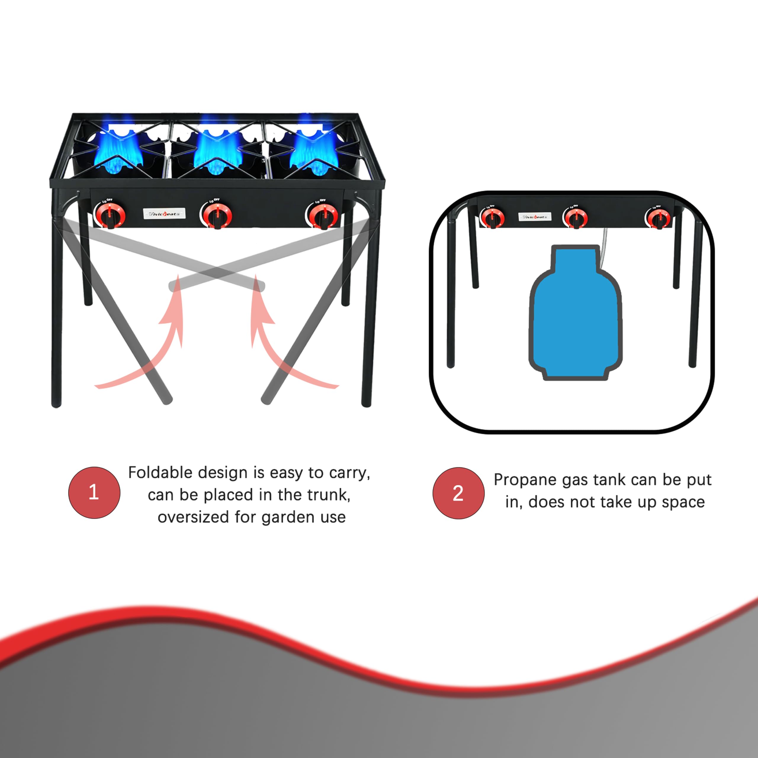 Vivicreate 3 Burner High Pressure Propane Stove - 28 Inch Tall Camping Stove with Cast Iron Burner, 105000 BTU Powerful Outdoor Gas Stove - Stable Legs for Camping, Backpacking, Picnics & Tailgating