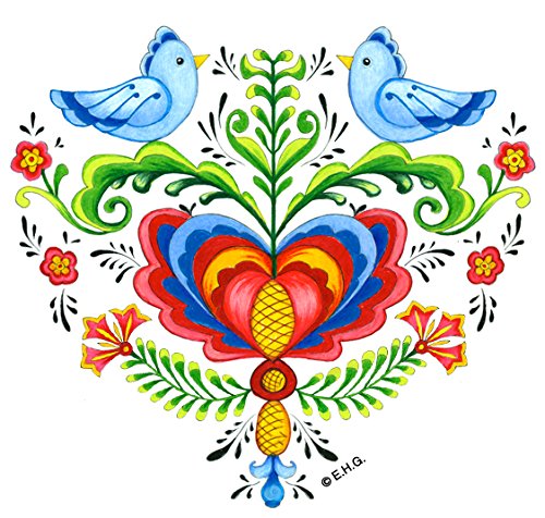 Scandinavian Style Lovebirds Rosemaling Heart Magnet - Ceramic & Metal Decorative Fridge Magnet for Kitchen, Office & Home Decor - Perfect European Gift for Valentine's Day, Wedding & Housewarming