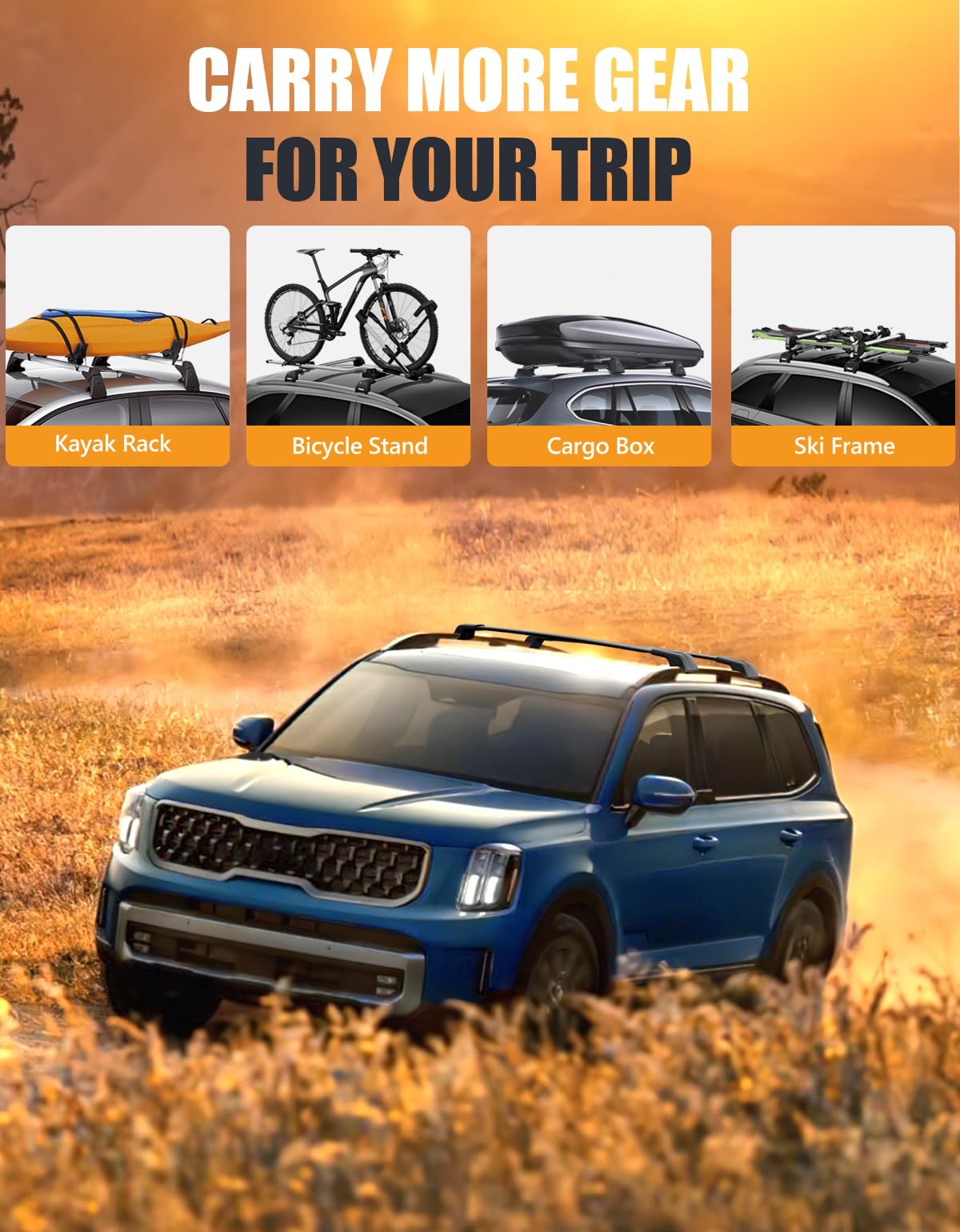 Lockable 260LBS Roof Rack Cross Bars for Kia Telluride X-PRO X-LINE 2023-2025 (Raised Side Rails) - Heavy Duty Aluminum Roof Rails & Crossbars for Cargo, Luggage, Kayak, Canoe | Perfect for Road Trips, Camping & Outdoor Adventures
