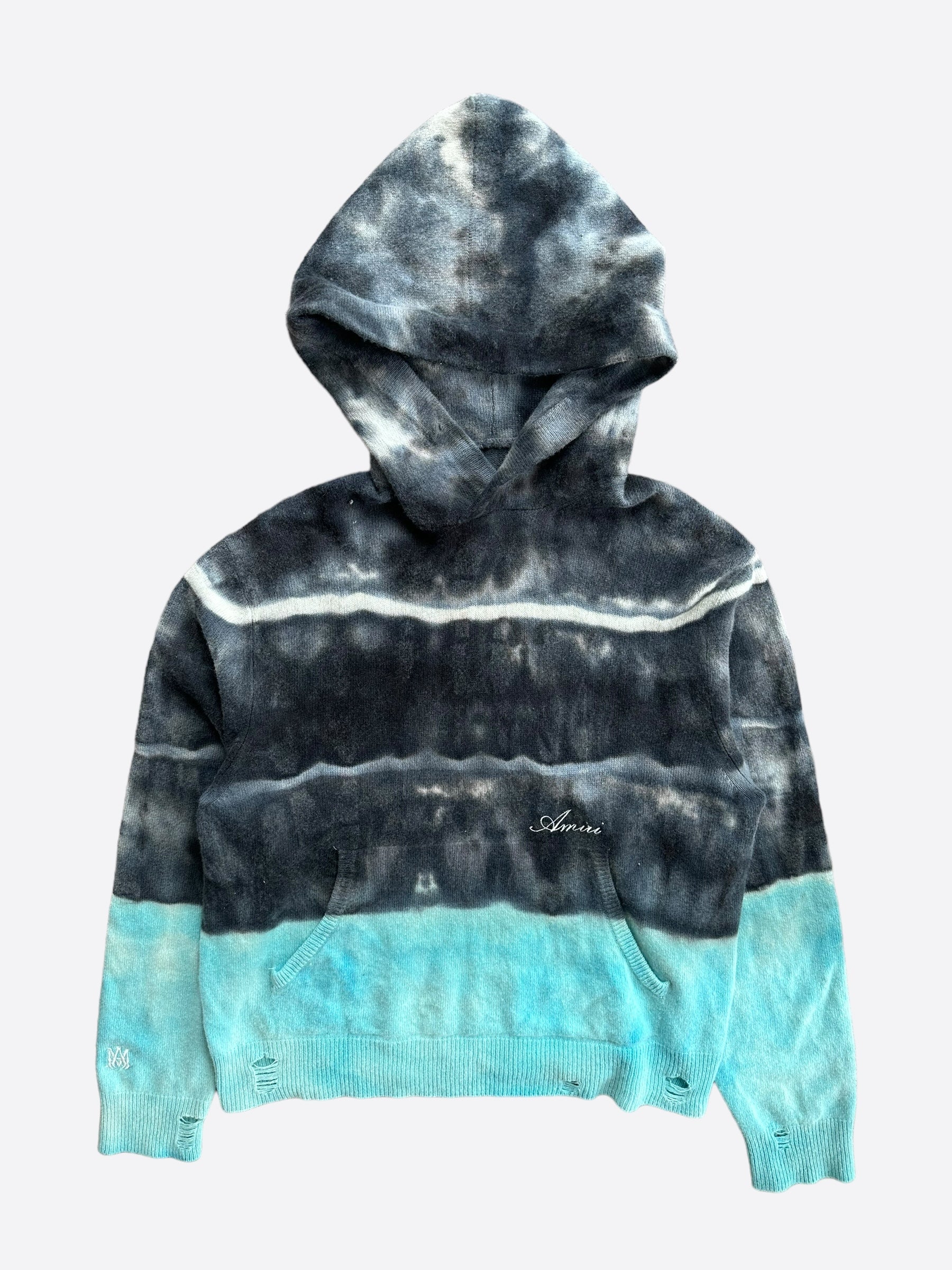 Amiri Black & Blue Tie Dye Cashmere Distressed Hoodie - Luxury Men's Streetwear for Casual Wear & Urban Fashion