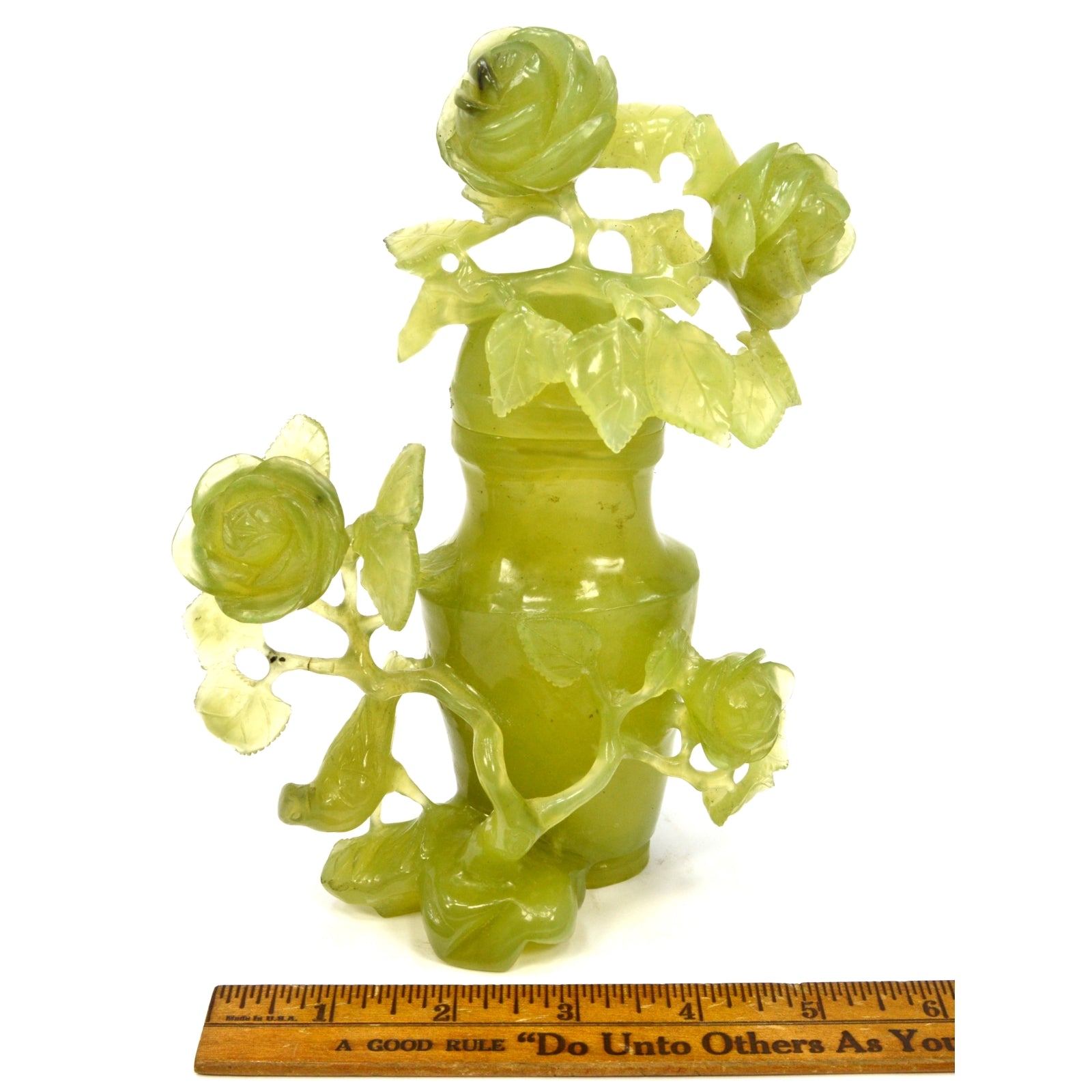 Antique Carved Jade Vase with Lid - Exquisite Roses & Birds Design - Repaired Collectible - Perfect for Home Decor, Asian Antique Collection & Gift Giving