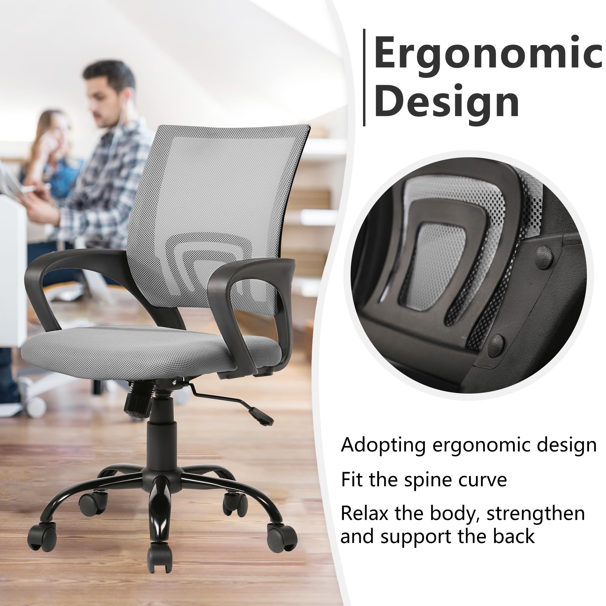 Ergonomic Office Chair with Lumbar Support - Adjustable Mid Back Computer Desk Chair, Rolling Swivel Task Chair for Home Office - Comfortable & Affordable (Grey) | Perfect for Remote Work, Gaming, and Long Hours at Your Workspace