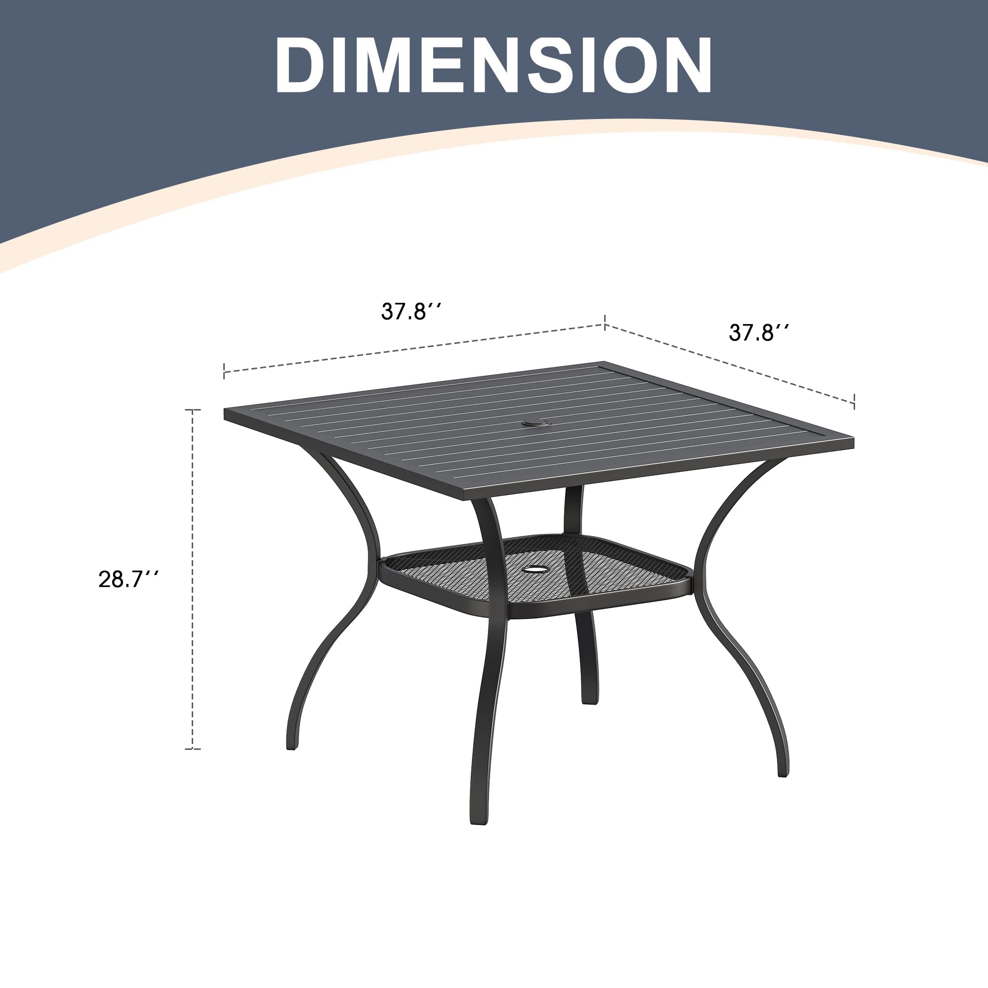 VICLLAX 4-Person Square Metal Patio Dining Table with Umbrella Hole & Storage Shelf - Outdoor Garden, Lawn, Balcony, Deck Furniture (Black) - Perfect for Backyard BBQs, Poolside Dining, and Outdoor Entertaining
