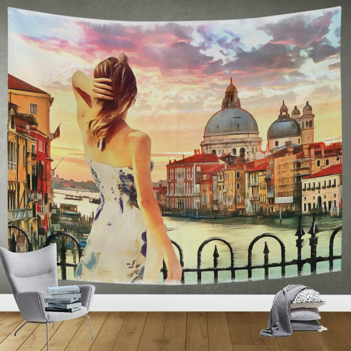 DOMIKING Italy Watercolor Girl Wall Hanging Tapestry - 90x60in Bohemian Bedroom Decor, Living Room Wall Art Blanket for Aesthetic Home Decor | Perfect for Bedroom, Dorm, Studio & Cozy Spaces