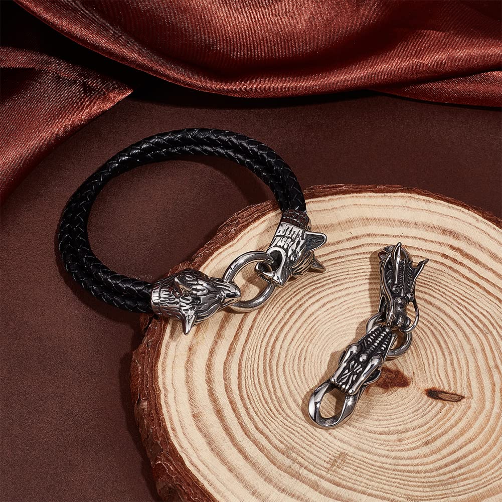 UNICRAFTALE 2 Sets Tibetan Style 304 Stainless Steel Spring Gate Rings - Antique Silver Wolf & Dragon Head O Rings, Cord Ends Clasps for Leather Bracelet Making, Jewelry Crafting Supplies - Perfect for DIY Boho Jewelry, Friendship Bracelets & Handmade Accessories