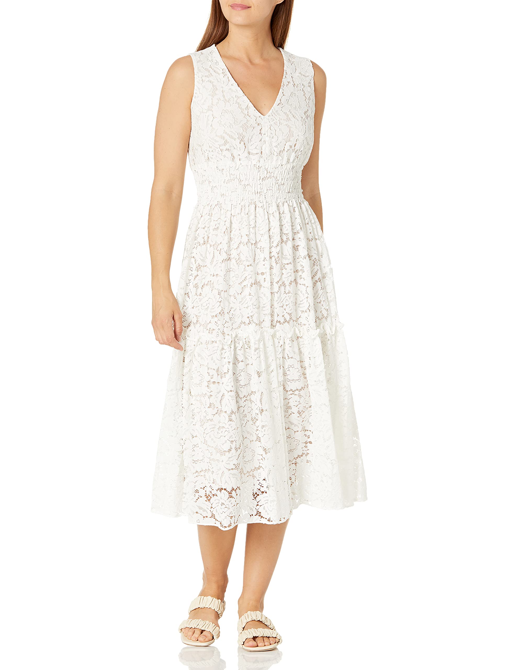 Taylor Women's Petite Sleeveless V-Neck Floral Midi Dress with Smocked Waist & Lace Detail - Perfect for Summer Weddings, Garden Parties & Date Nights