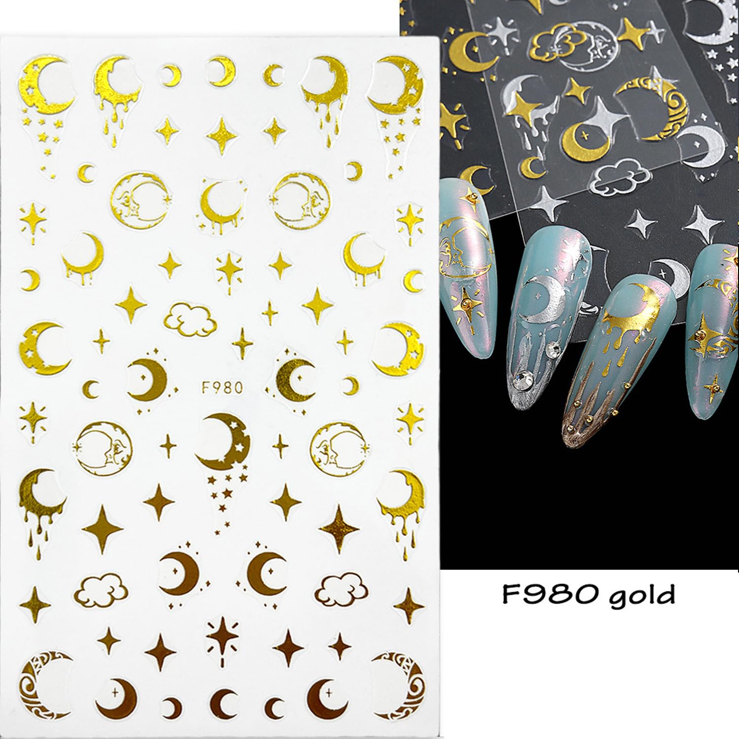 8 Sheets Gold Star Moon 3D Nail Art Stickers - Self-Adhesive Snake & Sun Eye Nail Decals with Various Patterns for Women DIY Manicure | Perfect for Parties, Weddings, and Special Occasion Nail Decorations