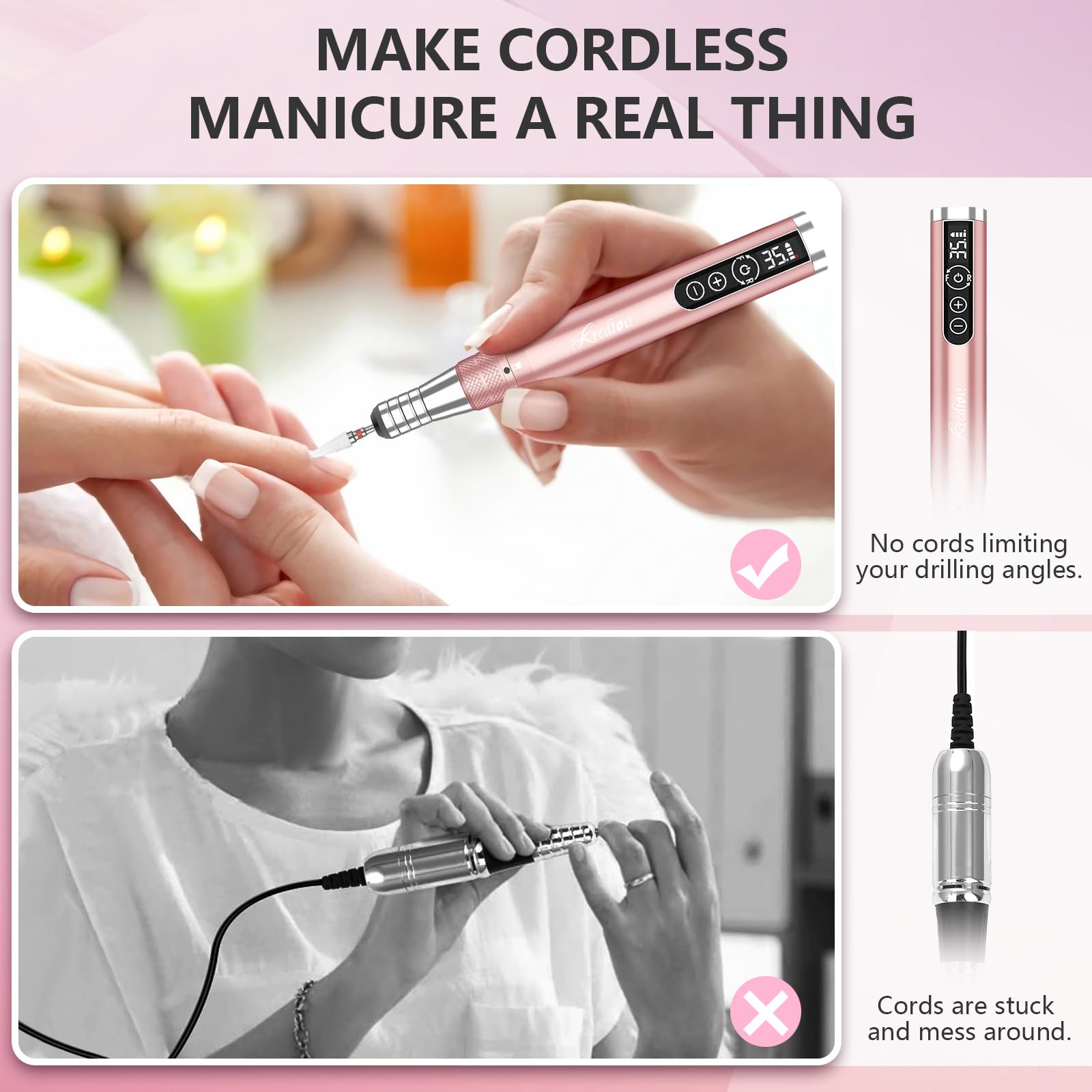 Kredioo 35000RPM Cordless Electric Nail Drill Kit - Rechargeable Portable Nail File with Ceramic Bits & Travel Case for Acrylic, Dip Powder, Gel Polish Removal | Perfect for Home Manicures & Salon Professionals