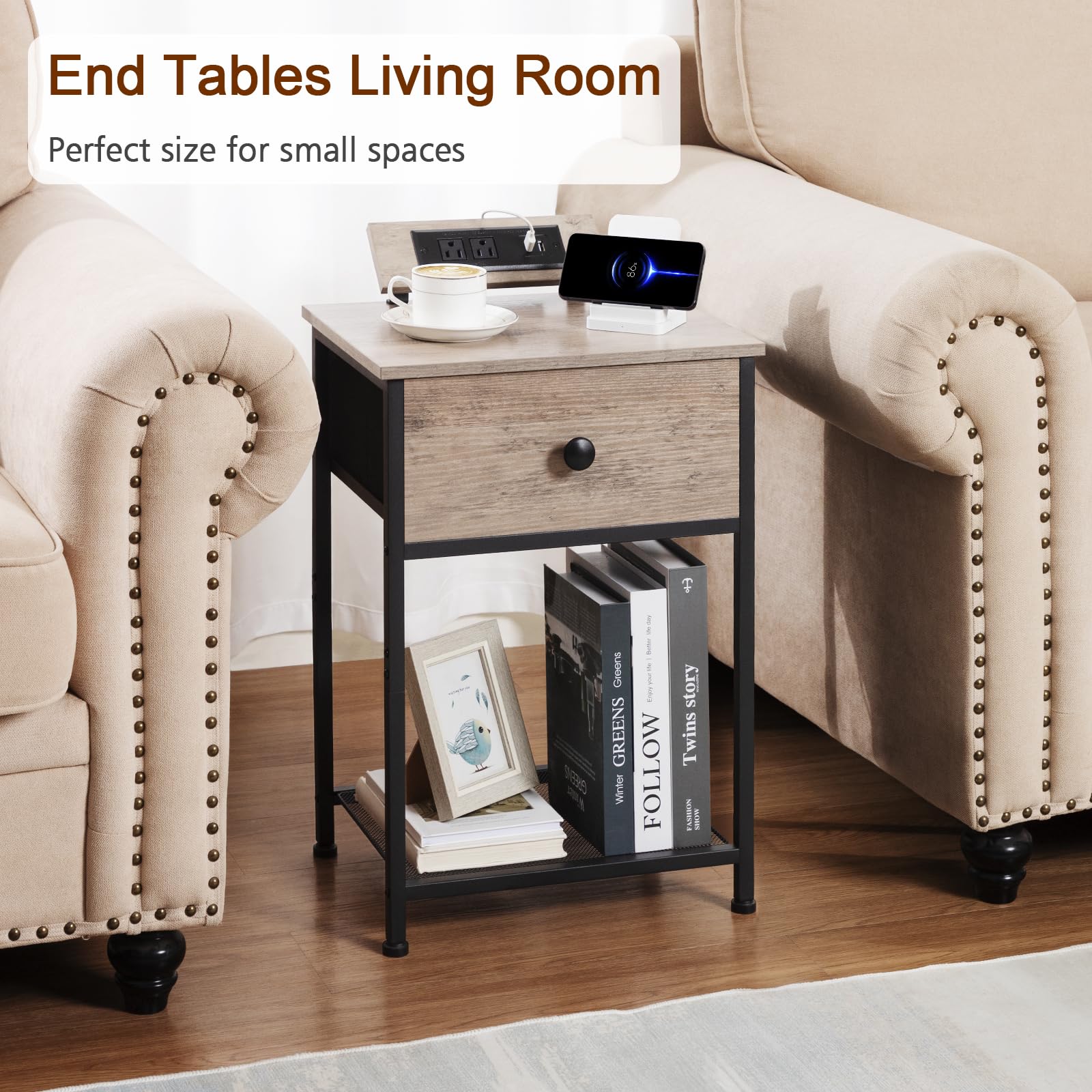 AMHANCIBLE Night Stand Set of 2 - Modern End Tables with USB Charging Station & Fabric Storage Drawer - Slim Bedside Tables for Small Spaces - Greige (HET03SDPGY) - Perfect for Bedroom, Living Room & Apartment Decor